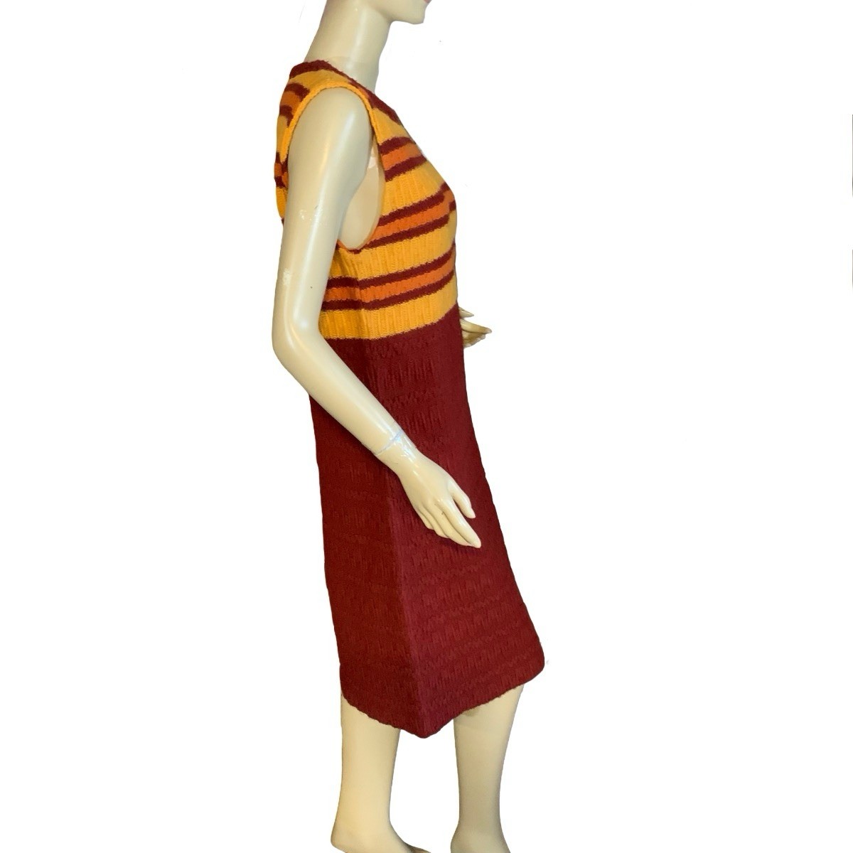VINTAGE CIRCA 1970’S BEELINE YELLOW & BROWN CABLE KNIT SWEATER DRESS SIZE APPX L