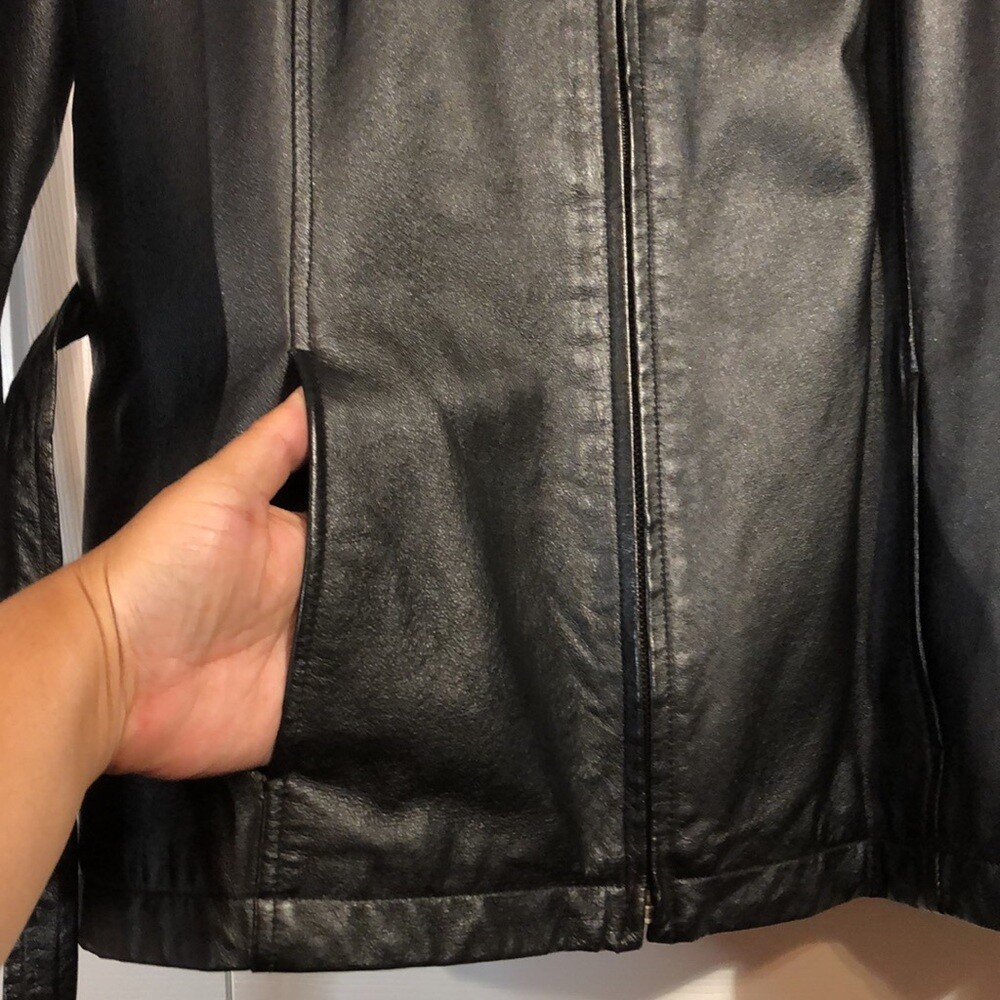 Size L Leather Jacket Vintage Jaqueline Ferrara Black Full Zip w/Waist Tie