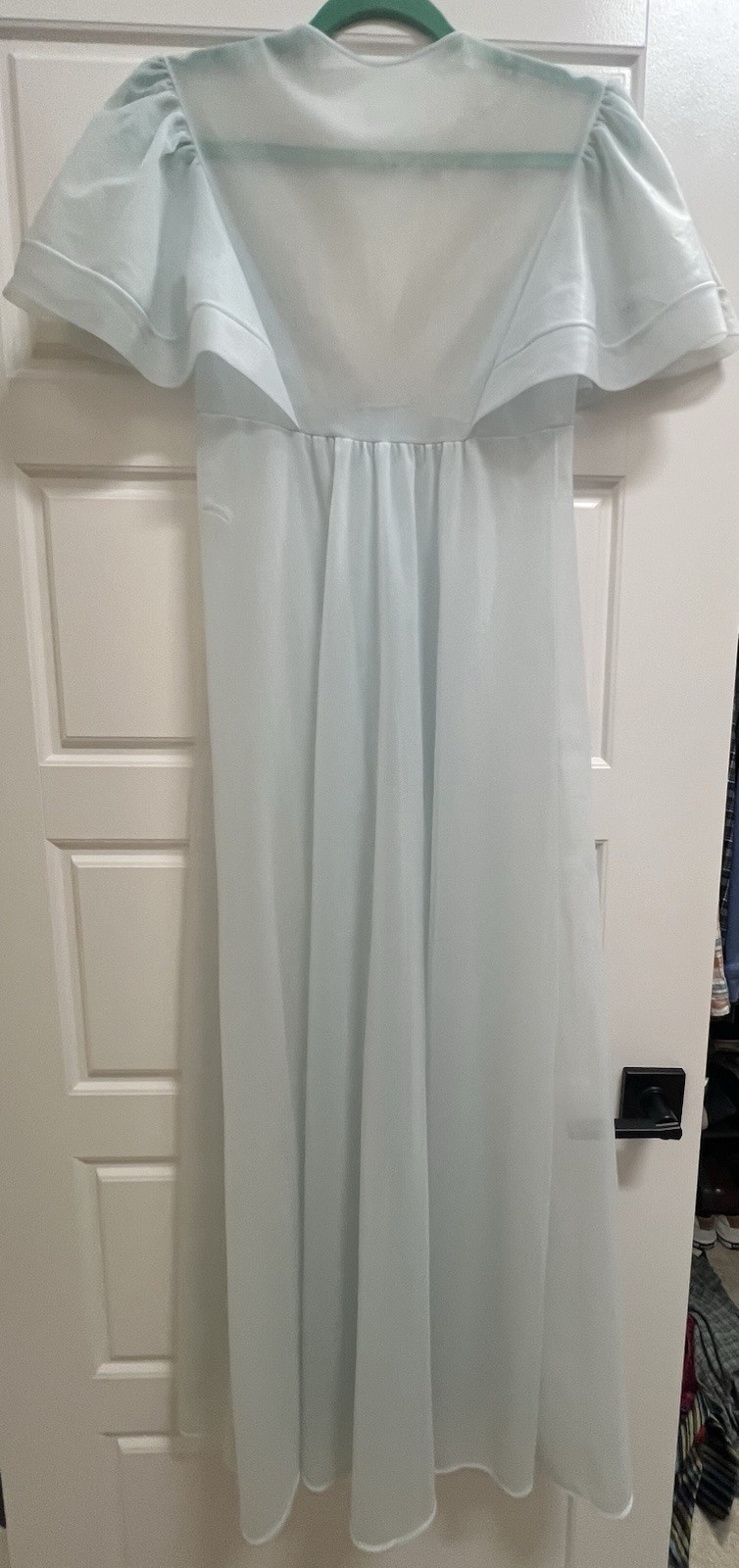 Vtg Shadowline Peignoir Blue Sheer Robe W Cream Lace & Flutter Sleeve PETITE