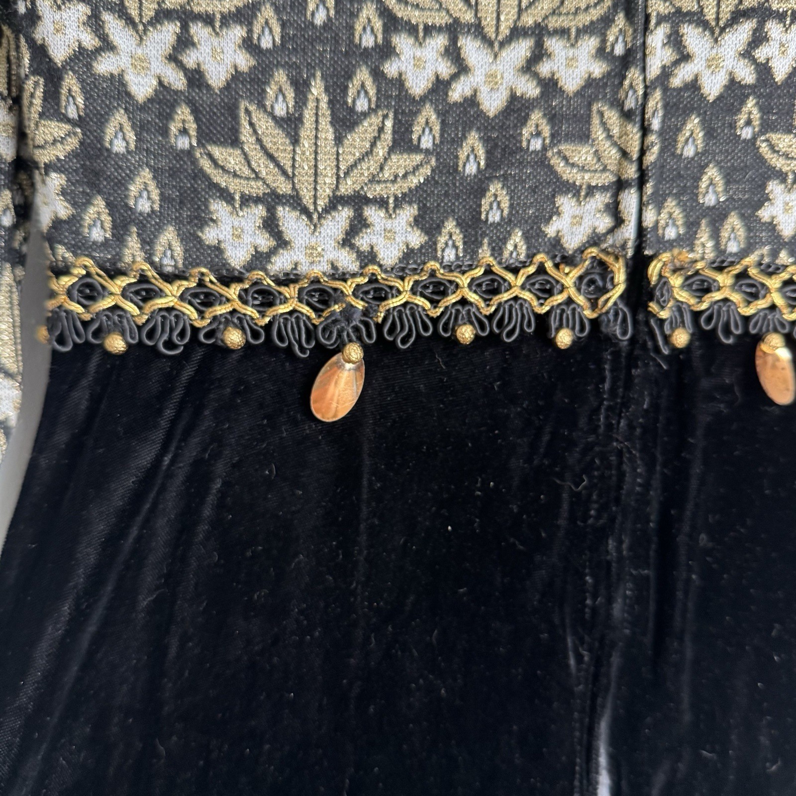 Vintage 60s Gold & Black Baroque Quilt Top & Velvet Skirt Maxi Dress XS 1960s