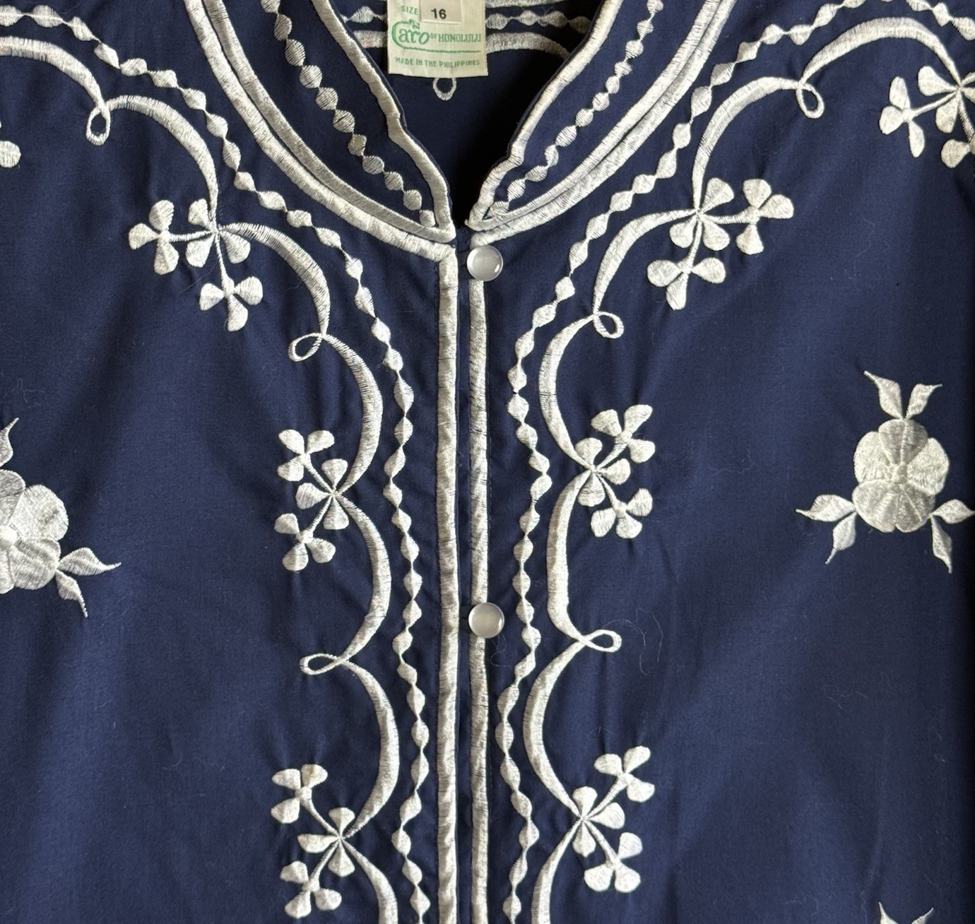 Caro Honolulu VTG Size 16 Blue Jacket Tunic White Floral Embroidery Loop Buttons