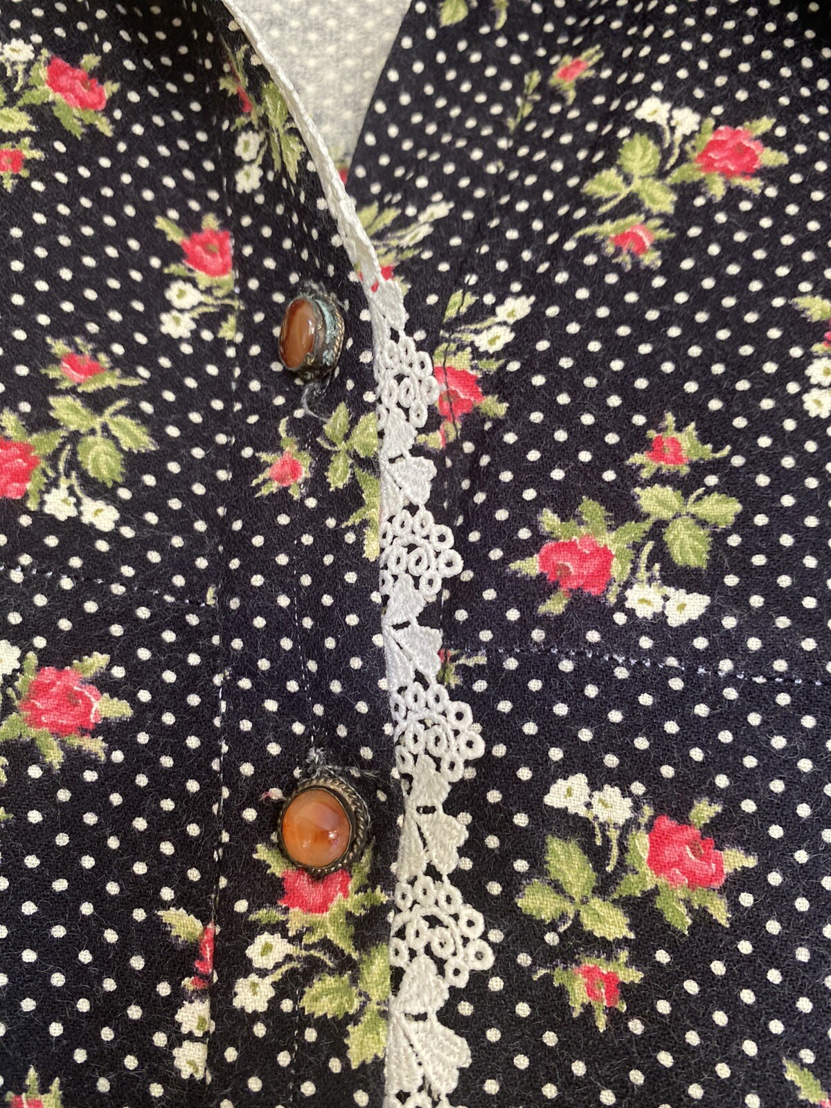 Vtg 70’s Liberty of London Black Polka Dot Rose Blouse W/ Agate Buttons