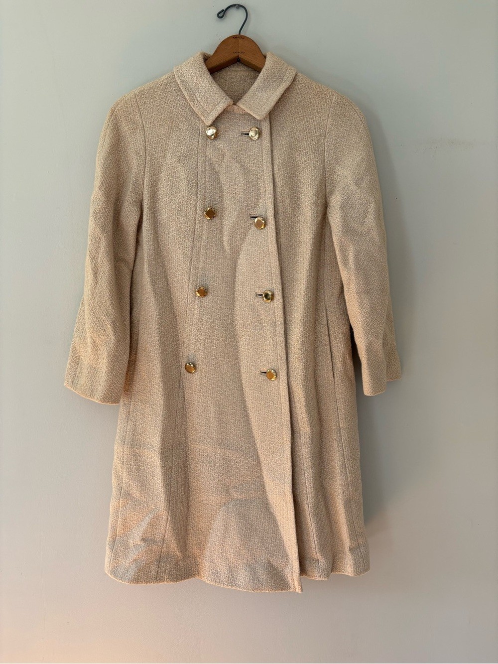 Vintage 60s Kingsley Double Breasted Woven Wool Coat Cream Beige Tweed Mod S