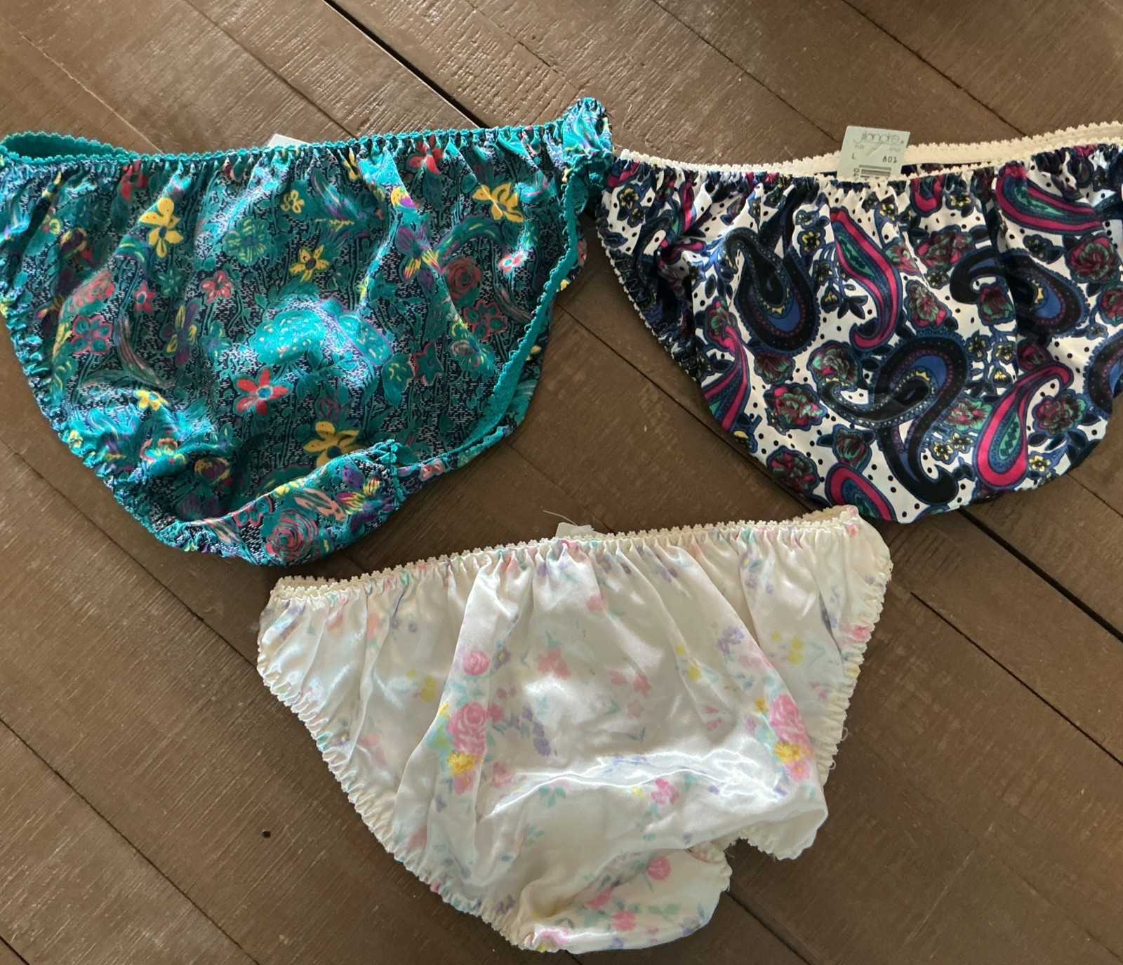 Lot of 3 Jilandre’ Vintage L Satin Silky Bikini Panties Lace Unique 1980’s