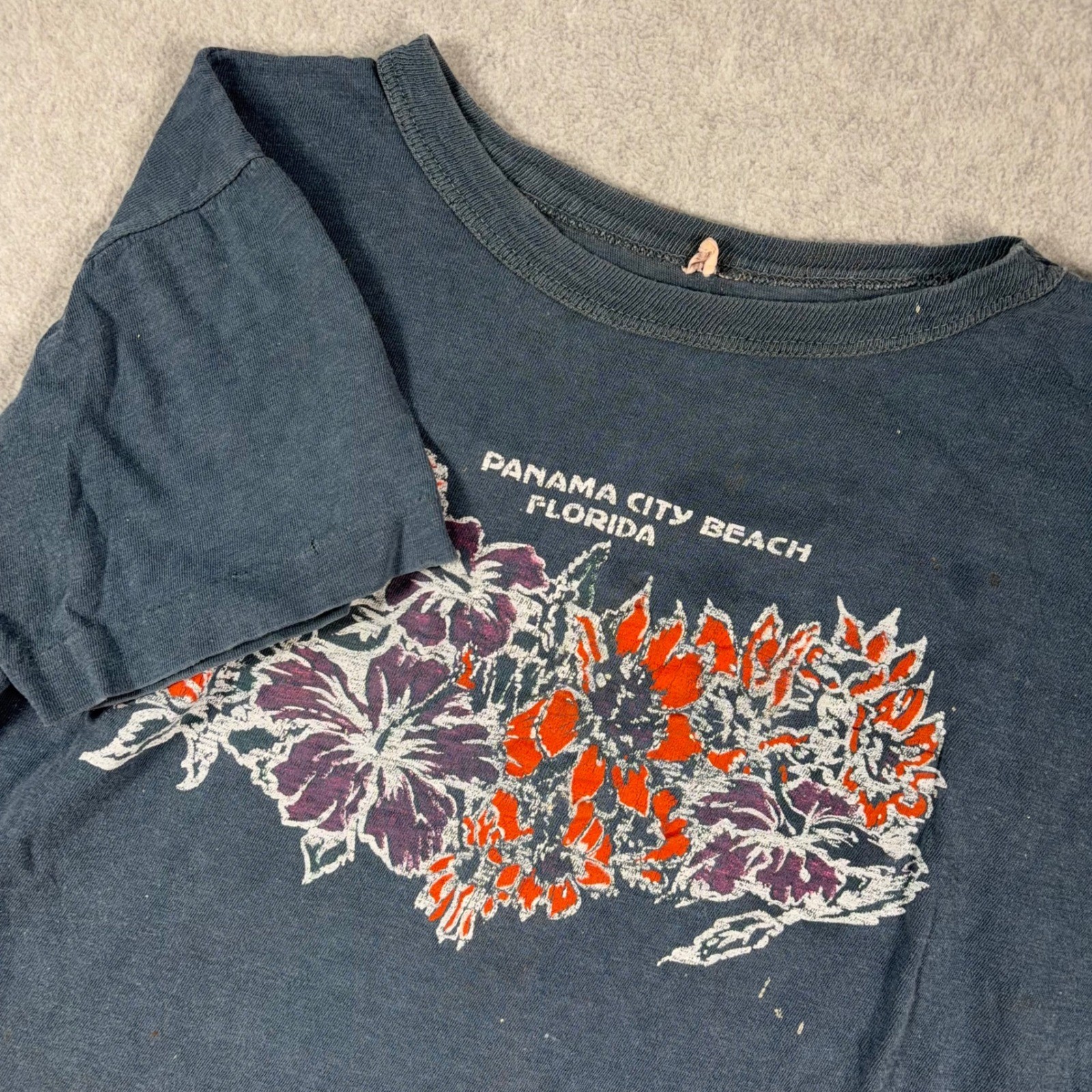 70s VTG Panama City Beach T-Shirt Womens M Navy Floral Single Stitch Distressed