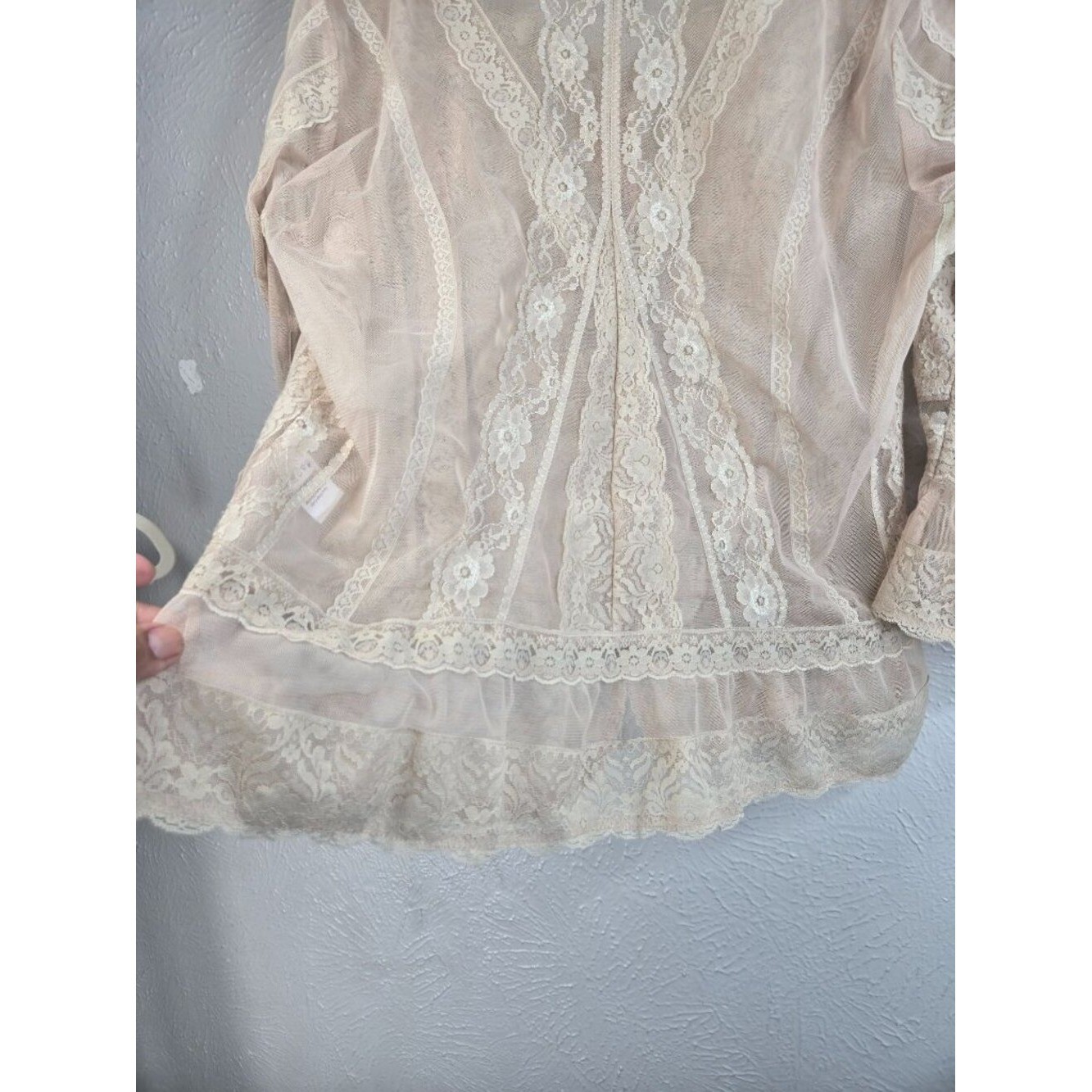 VTG Lacey Ruffle Blouse Tan Sheer Floral Lace Bell Sleeve Top Victorian Coquette