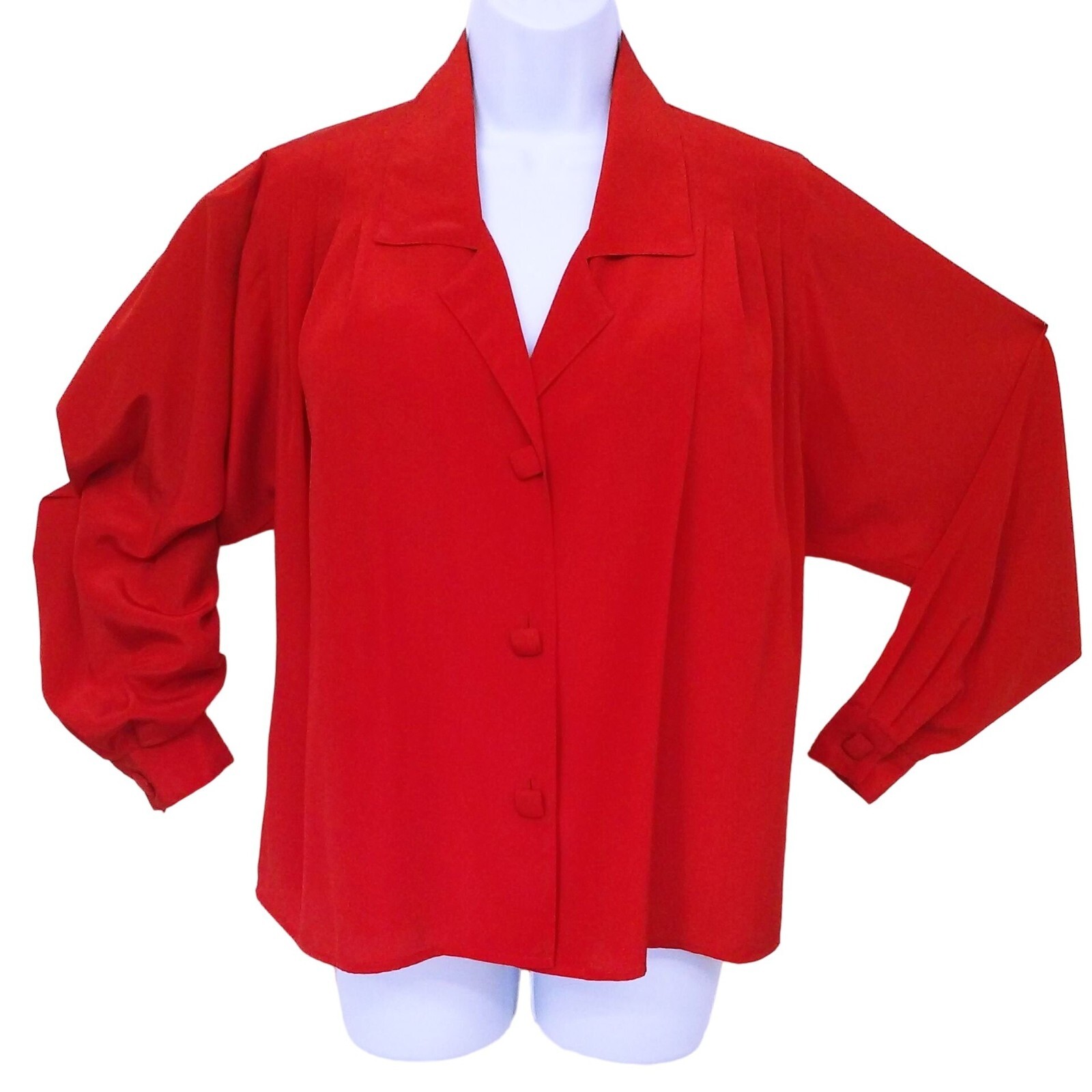 Vintage 80s Alexandria Blouse Oversize-M Button-up LSL Pleats Polyester Red