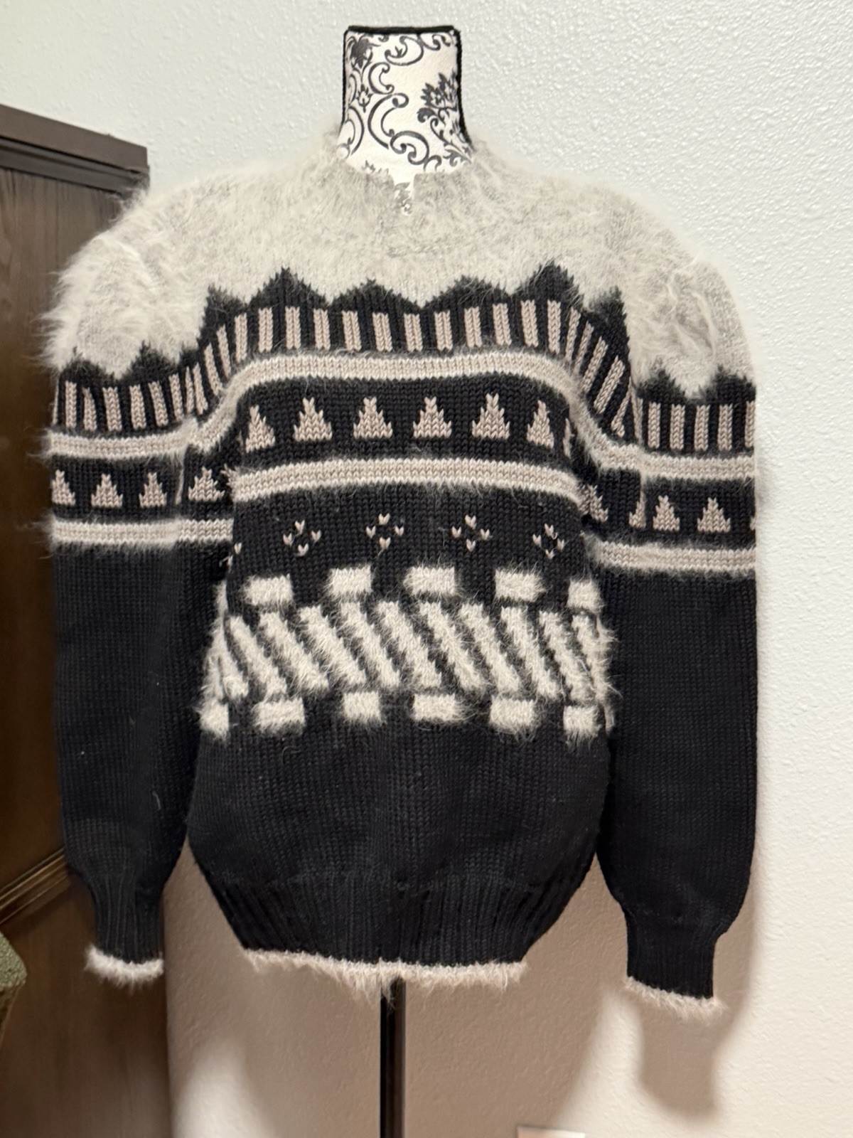 Vintage 80’s Top Notch Chunky Knit Wool Sweater Angora Trim Mock USA L