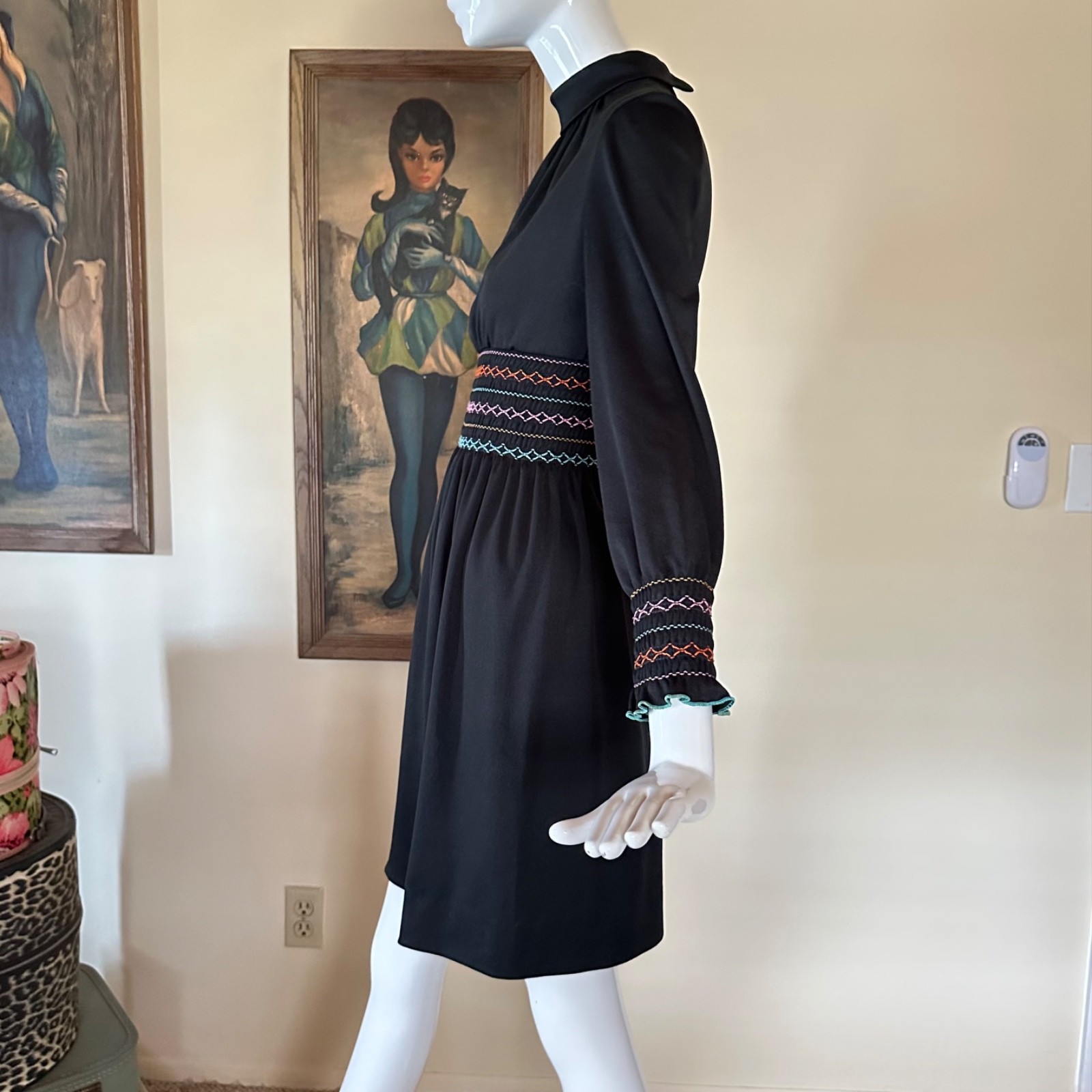 Vintage 1970s Mod Shady Lane Rainbow Smocked Waist Long Sleeve Mini Day Dress S