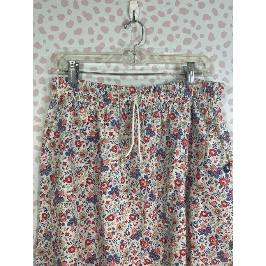 Picket and Post Vintage Floral Midi Skirt Red Blue Calico Elastic Waist Cottage