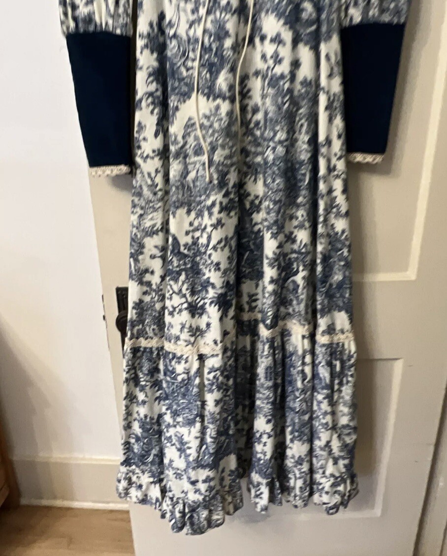 1970’ GUNNE SAX by Jessica Toile de Jouy Maxi Dress Blue Velvet Lace-up Blue 11