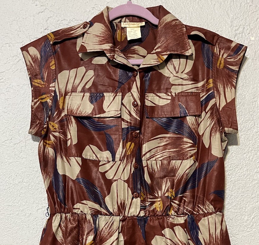 Vintage CALIFORNIA GIRL Short Cap Sleeve Long Floral Dress Sz 12 Brown Wet Look