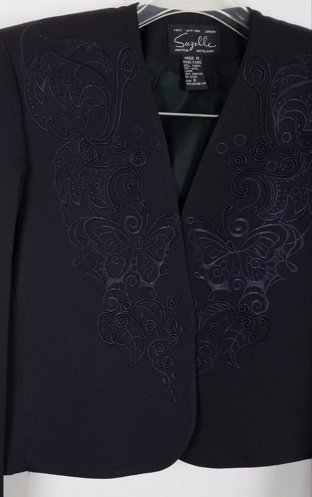 SUZELLE black vintage Jacket Embroidered Butterflies and Leaves size 6