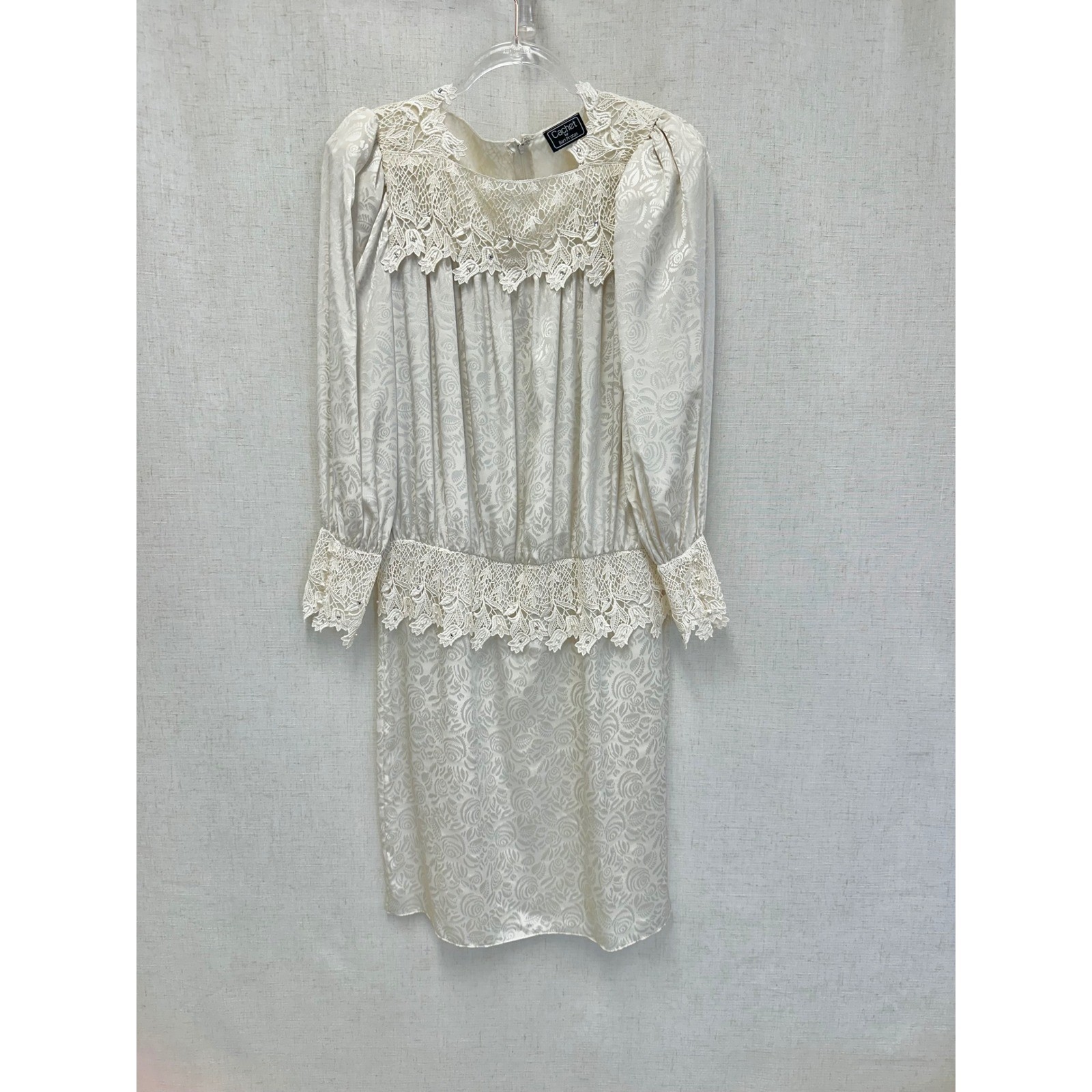 Cachet Bari Protas Floral Damask Lace Drop Waist Dress Womens 12 Cream Ivory 80s