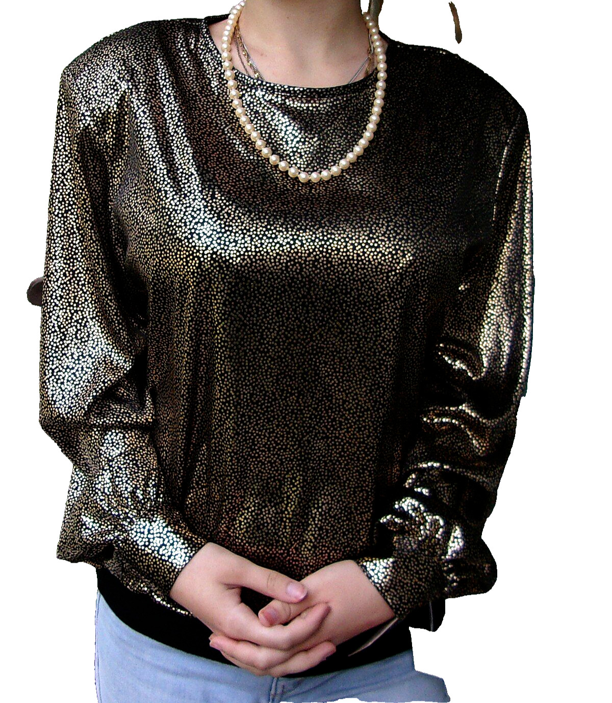 VTG 1970s Disco Era Womens LAUREN LEE Gold Metallic Polka Dots L/S Blouse Sz 12