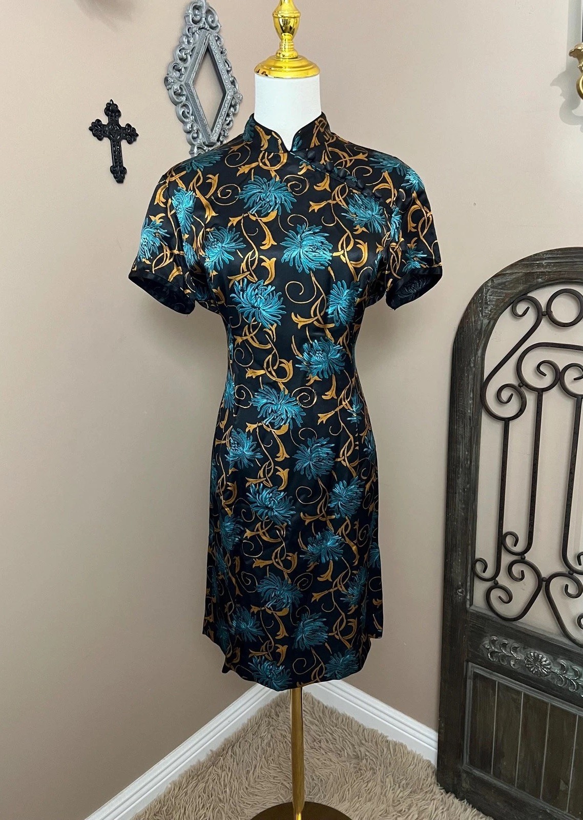 Vintage 90s Black Floral Satin Cheongsam Dress Whimsigoth Gothic Size 10 Med