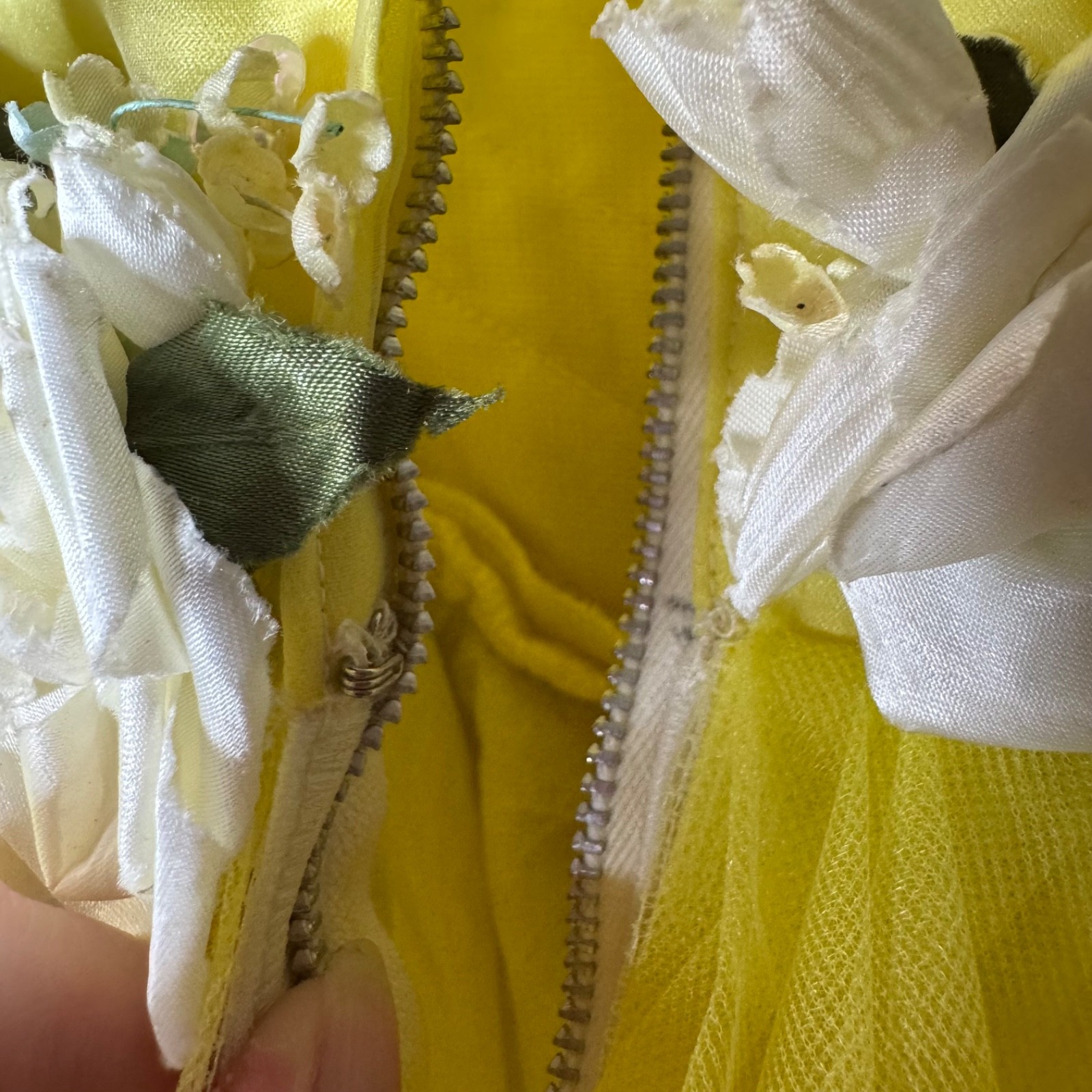 VTG 50s Tulle Gown Prom Dress Yellow Cupcake Illusion Neckline Cotillion XS