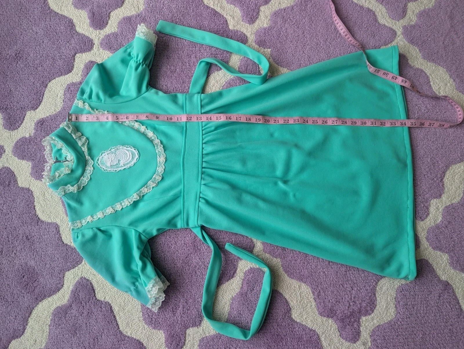 Vintage 70’s Victorian Cameo Mint Green Polyester Puff Sleeve Mini Dress Size XS