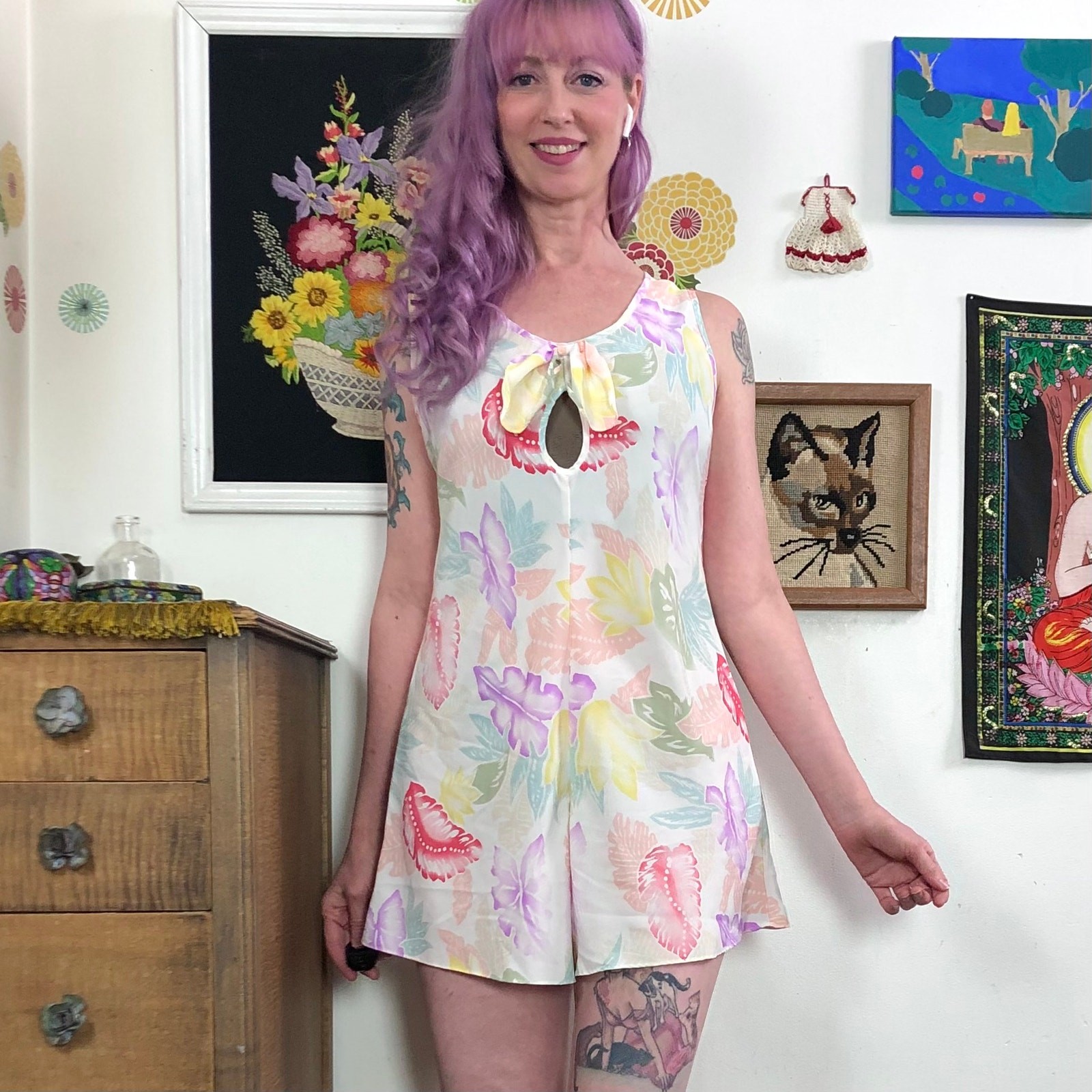 Vintage Floral Lingerie Romper, Sz M Pastel Tropical Print Step In Teddy