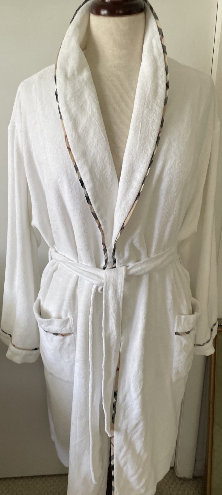 Burberry Vintage Dressing Robe Nova Check Lines Trim Piping Unisex Large Clean