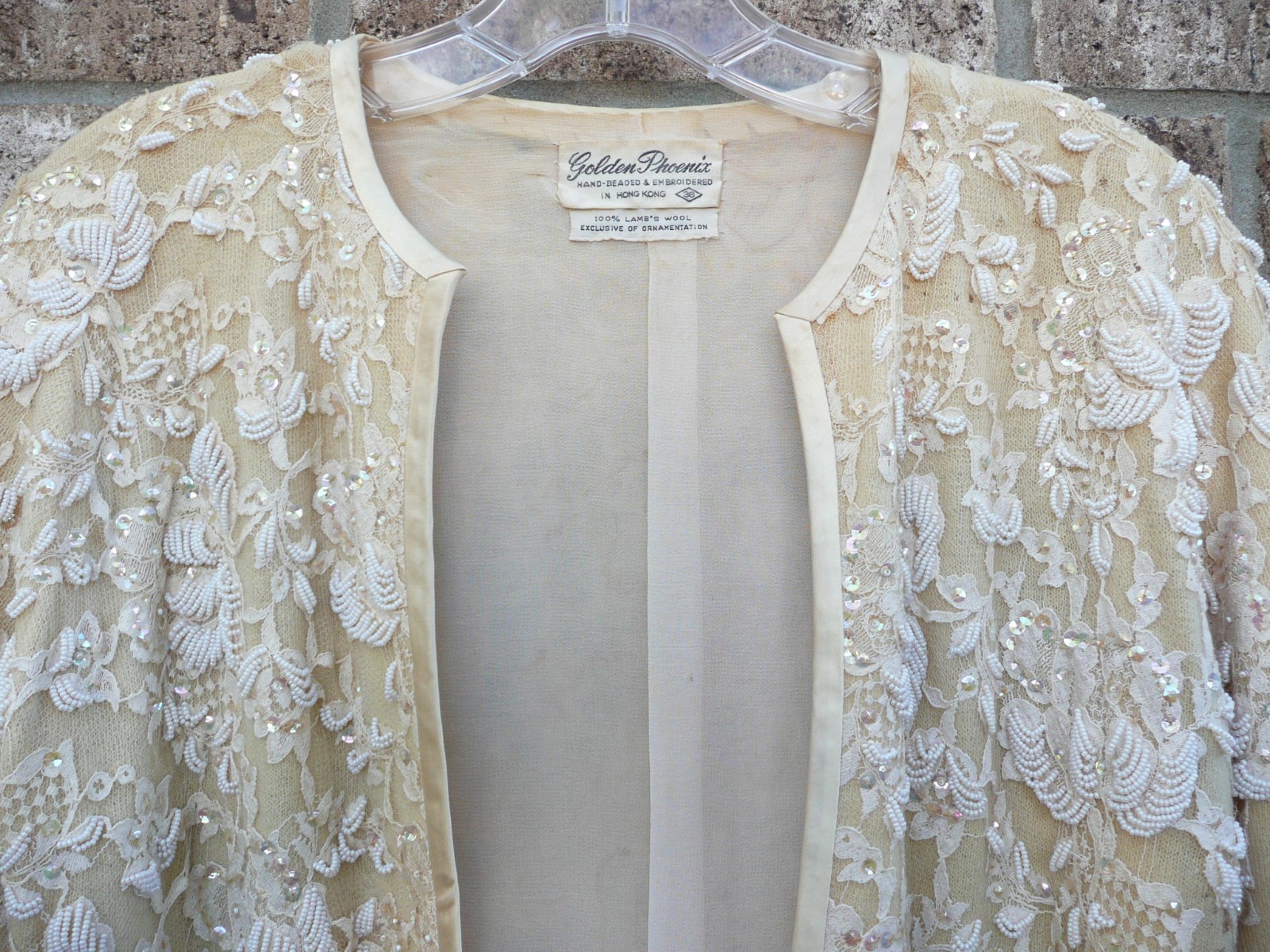 Vintage Golden Phoenix Distressed Ivory Hand Beaded Sweater Size 10 Lamb’s Wool