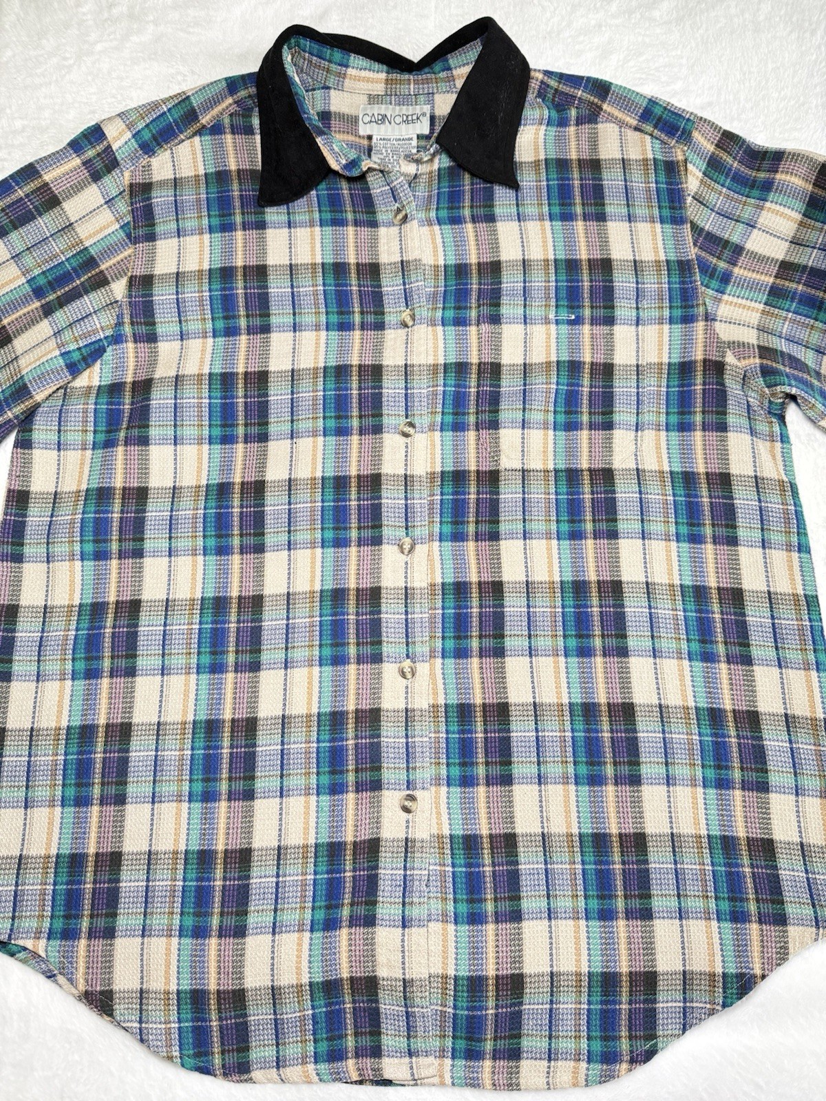 Vintage 90s Cabin Creek Plaid Button Up Shirt Black Contrast Collar Women Size L