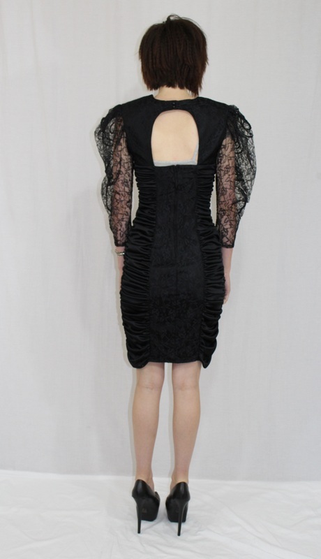 Vintage 80s Black PUFFY Slv Lace RUCHED Open Back Cocktail Party WIGGLE Dress~XS