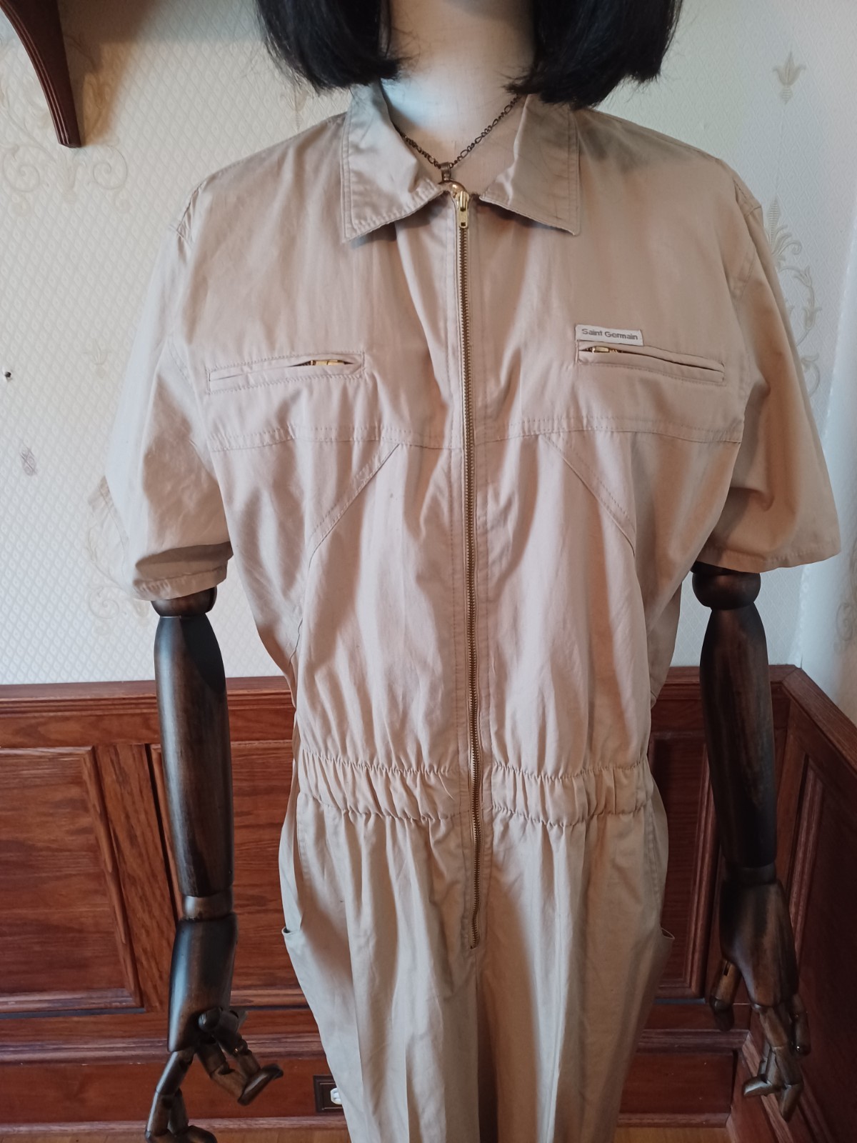 Vintage 1980s Saint Germain Paris Boho/Utilitarian Tan 100% Cotton Jumpsuit