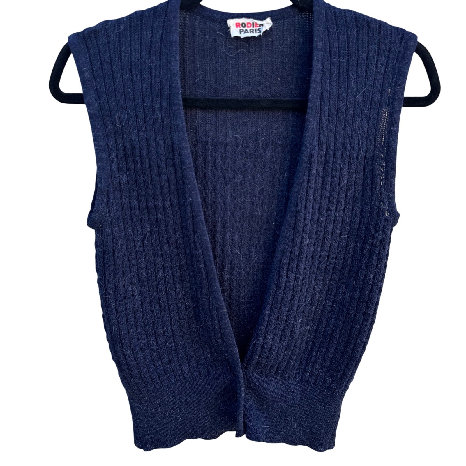 Rodier Paris Vintage French 90s Ribbed Knit V-Neck Librarian Sweater Vest Navy M
