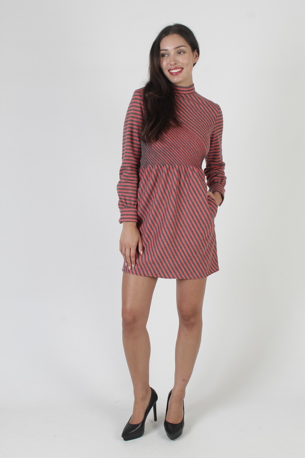 Vtg 60s Minimalist Striped Go Go Mini Dress With Pockets Preppy Jersey Uniform