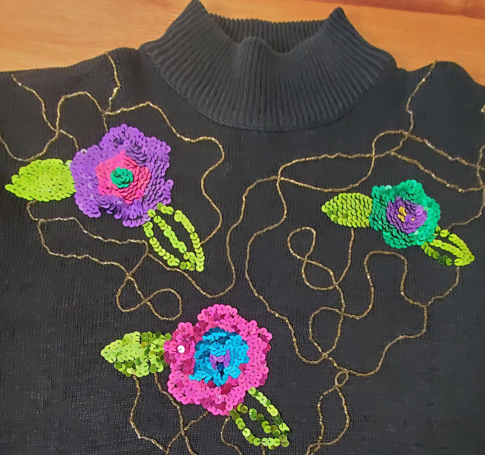 Vintage Rave Y2K 90’s Sequined Beaded Mock Neck Floral Sweater Hippie Maximalist