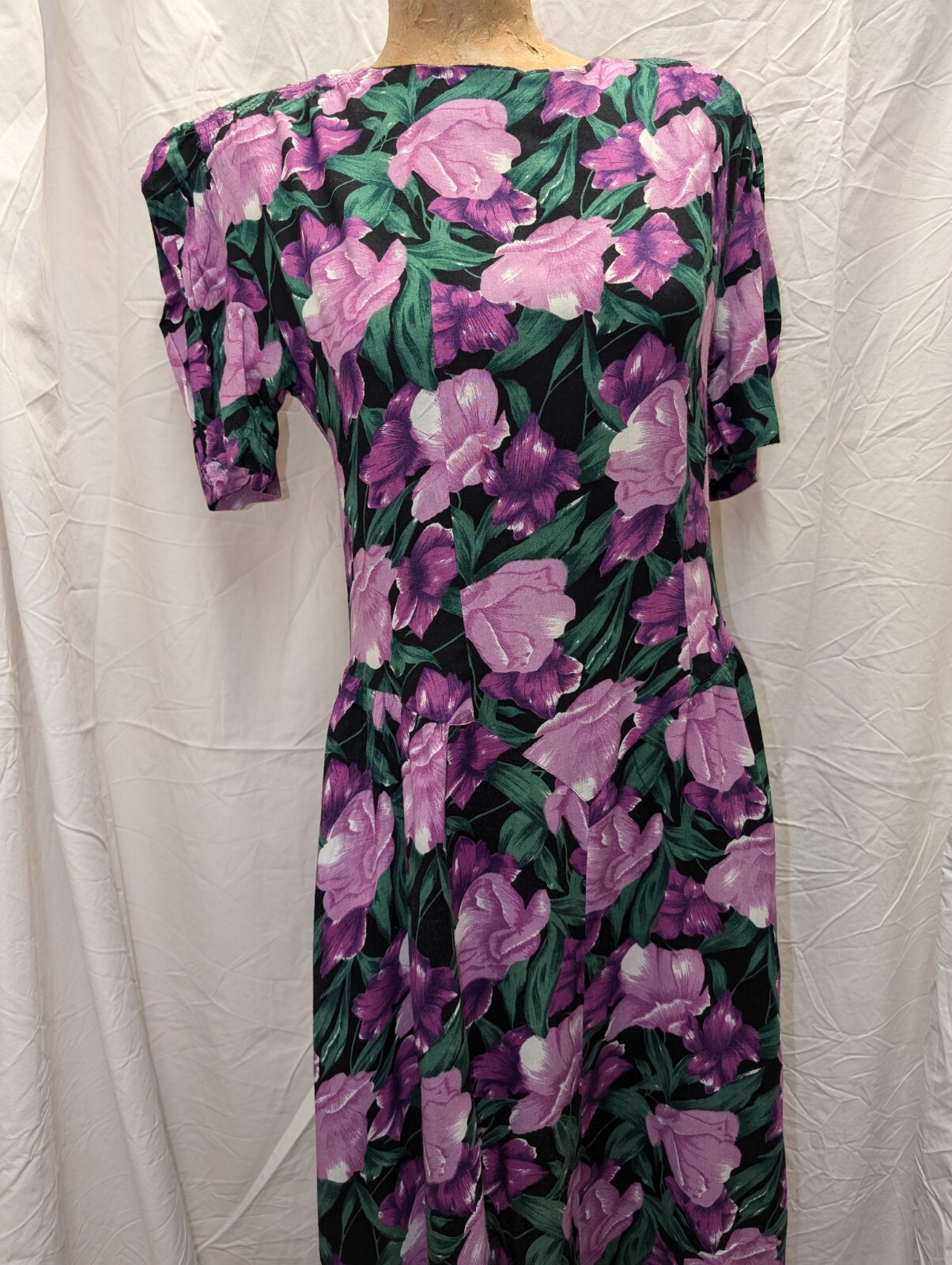 1980’s Black Purple Green White Rayon Dress by Country Romance Size 7/8