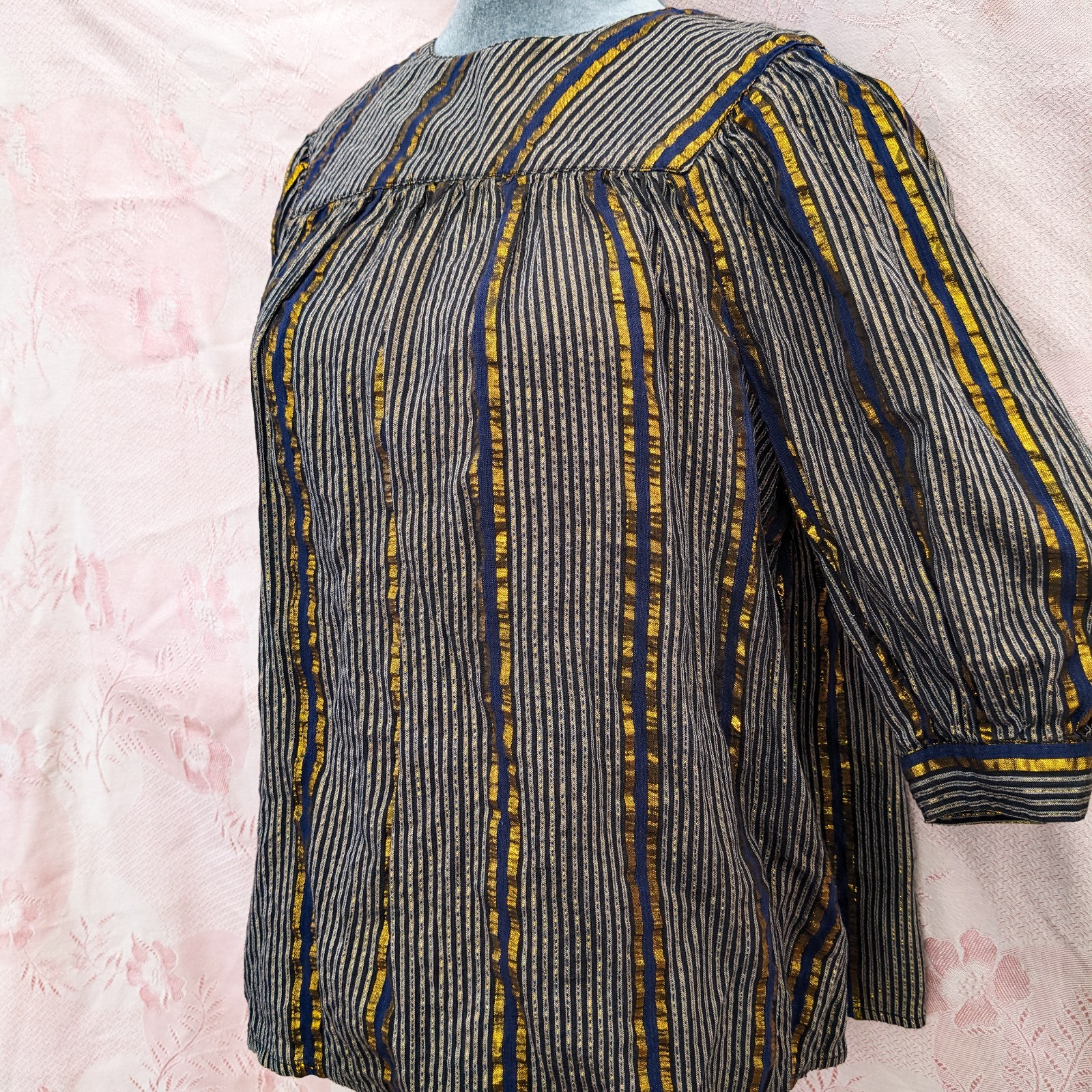 Vintage 70s Adini India Blouse S Navy Gold Lurex Metallic Stripe Boho Tunic Top