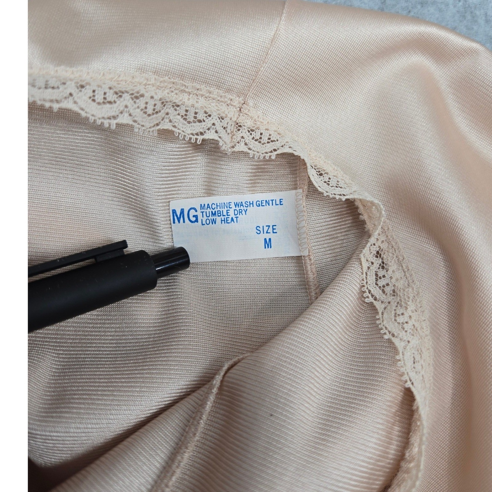 Vintage MG Champagne Antron Nylon Lace Floral Embroidered Maxi Nightgown Size M