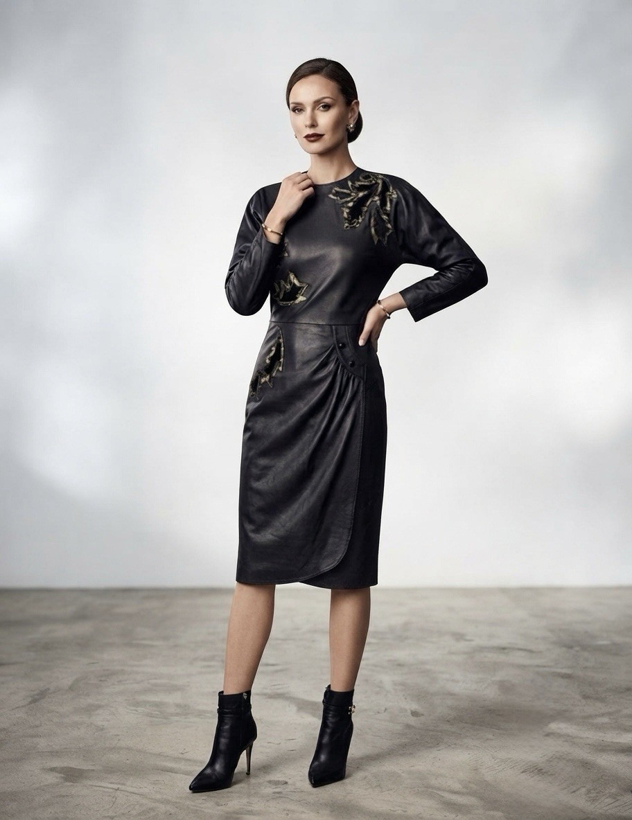 Vintage Genuine Leather Dress Black Gold Embroidered Wrap Draped Luxury German L