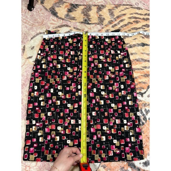 Vintage 90s Womens Geometric Square Print Midi Skirt S Retro Mod Eclectic Funky