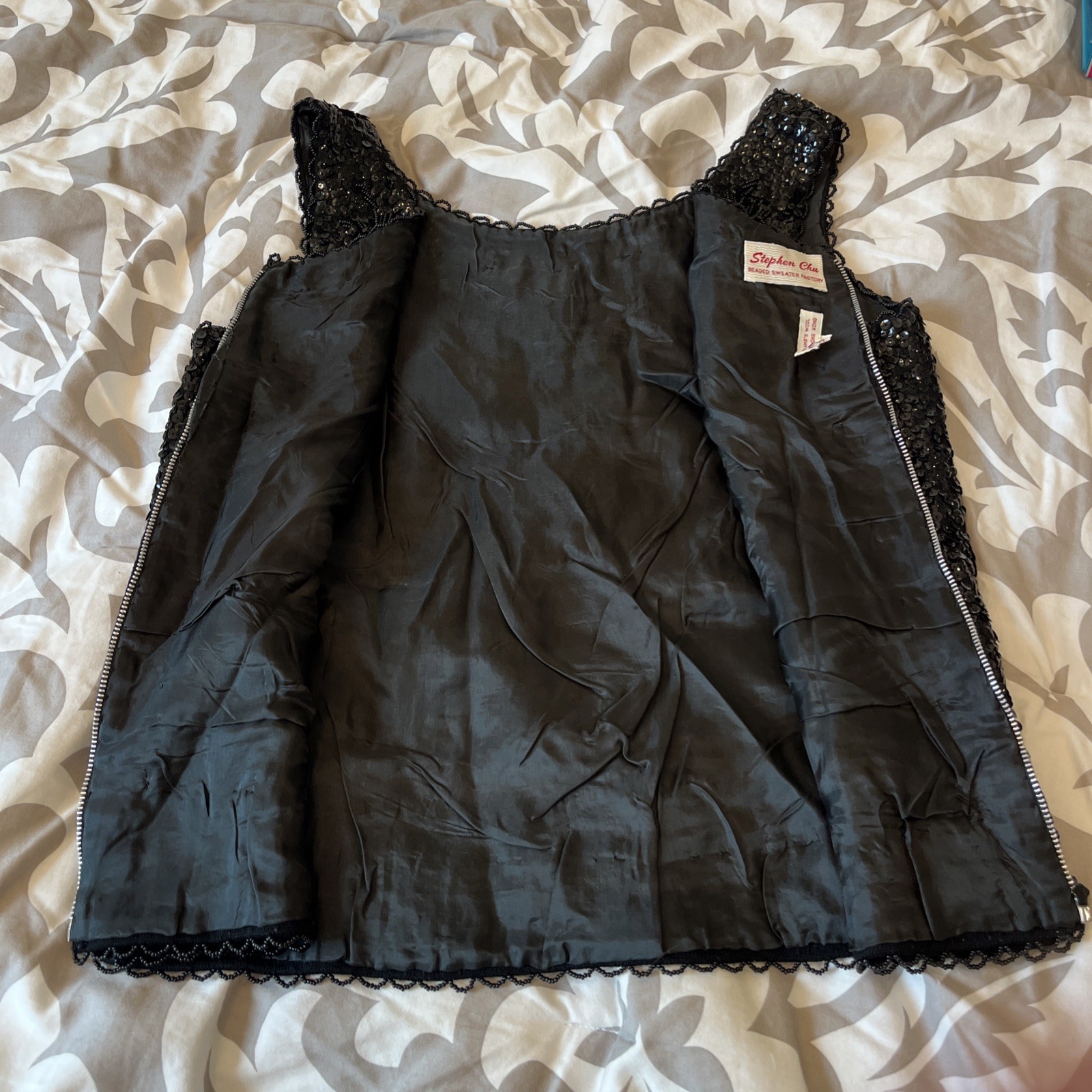 Vintage Stephen Chu Black Sequin Sleeveless Top Size medium With Beaded Flowers