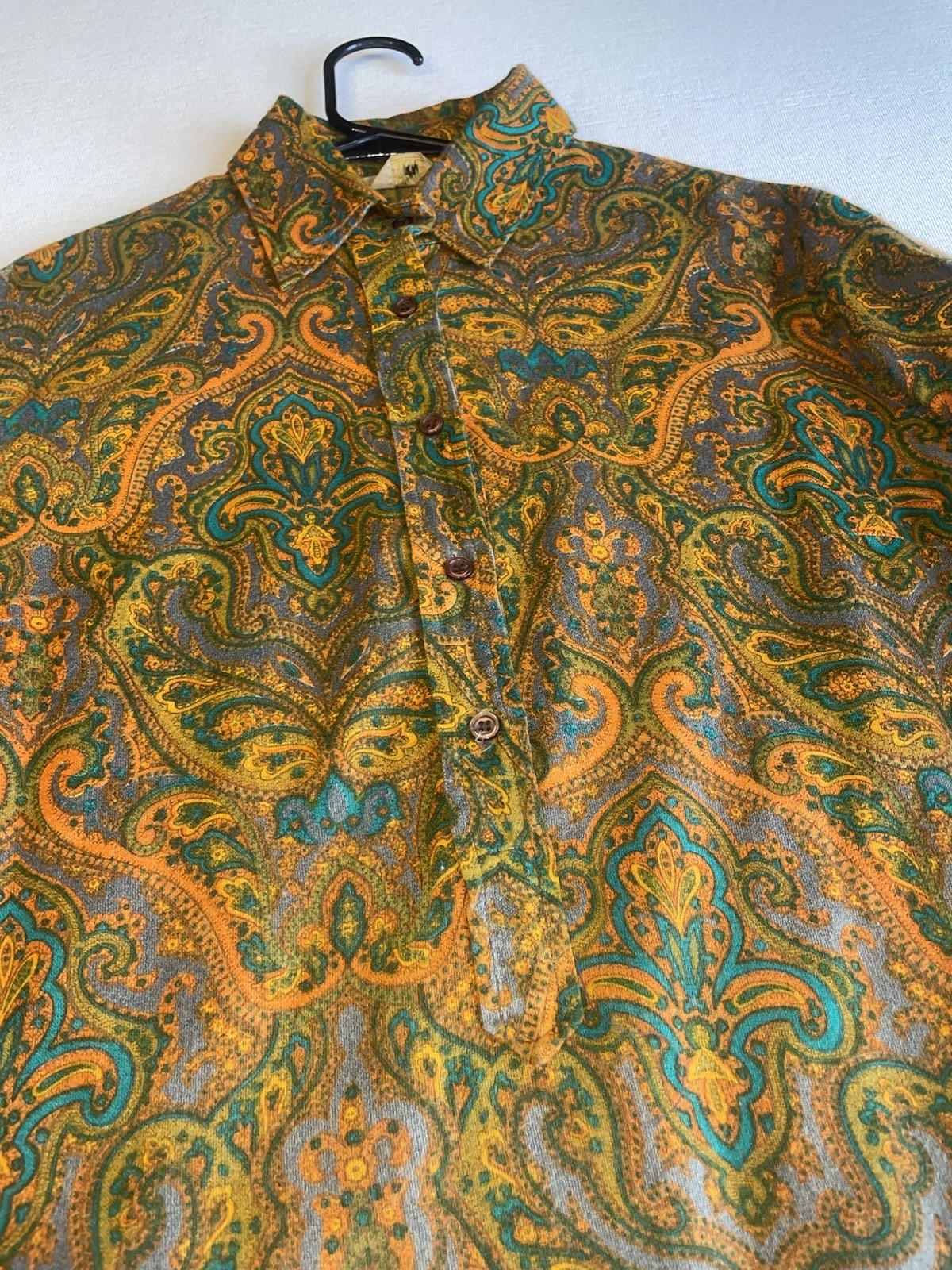 VINTAGE 50s 60s Collar Button Shirt Rockabilly Paisley Hippy Boho S Psychedelic