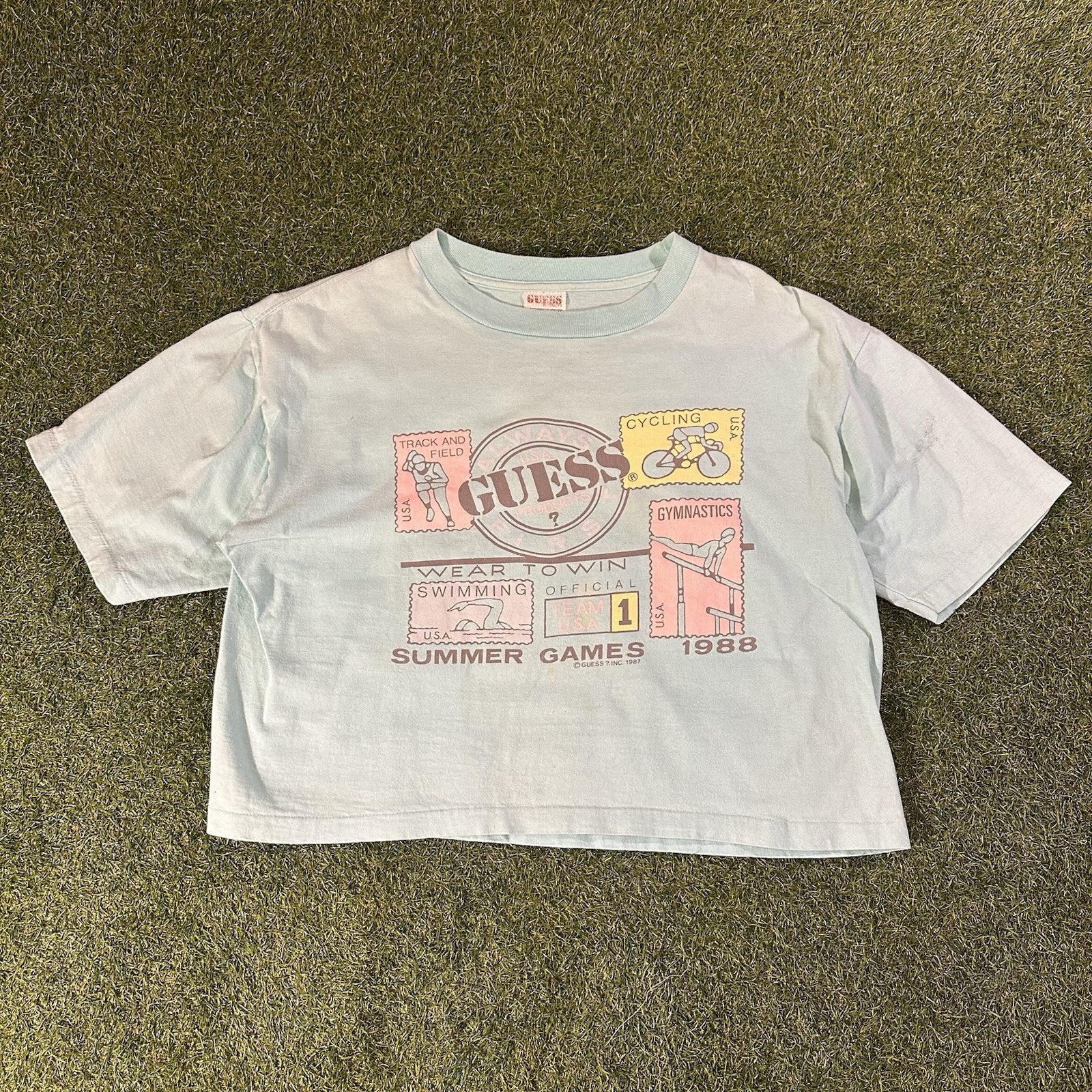 Vintage 1988 Guess Georges Marciano Womens Summer Games Pink Copped 1 Size Tee