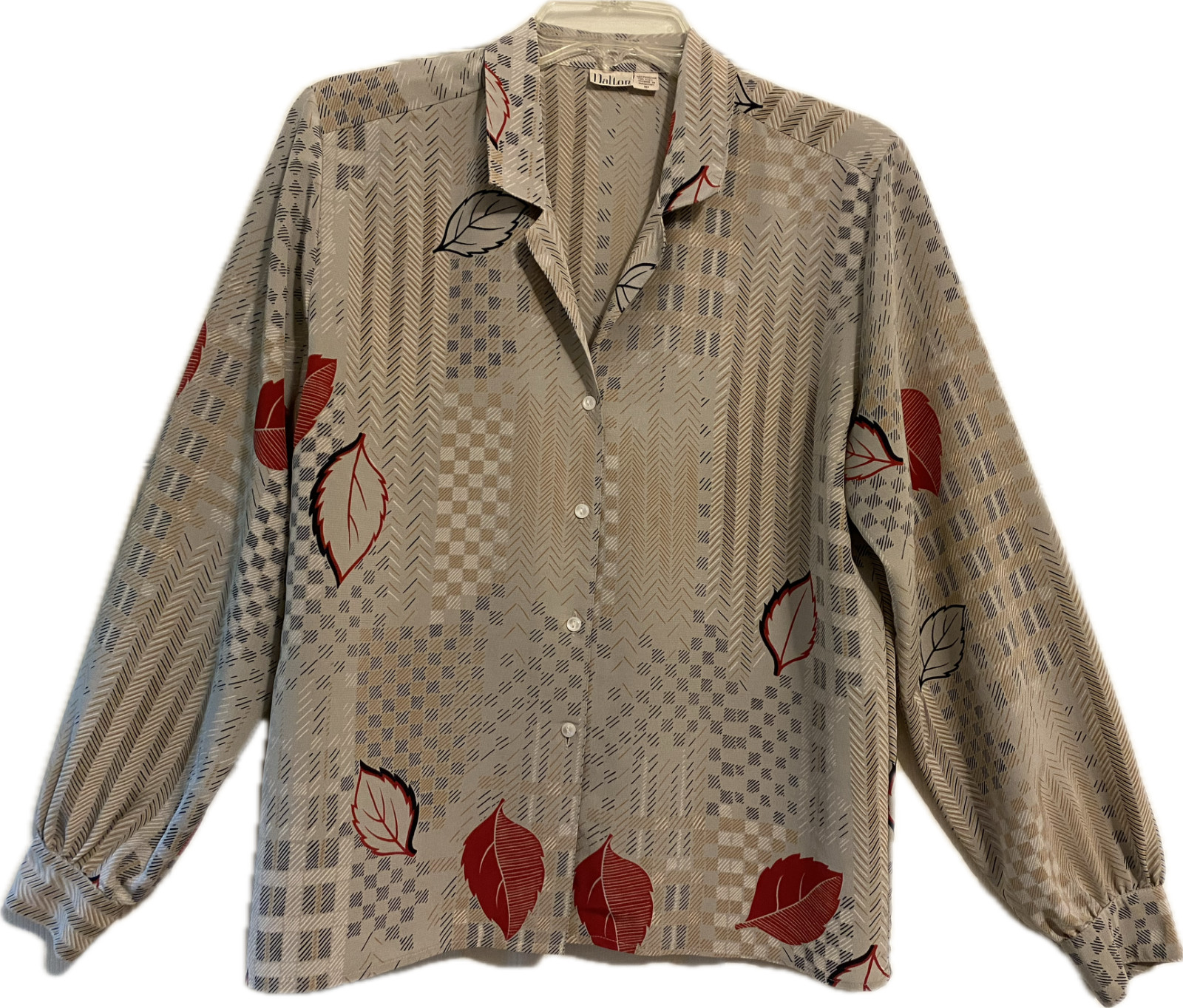 VINTAGE DALTON Beige, Gray w/Abstract Leaf Print LS Front Button Blouse SIZE 10