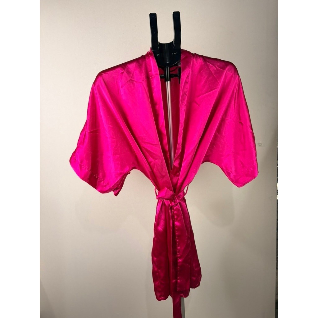 Fredericks of Hollywood Vintage Hot Pink Satin Robe Kimono Short Tie Waist M