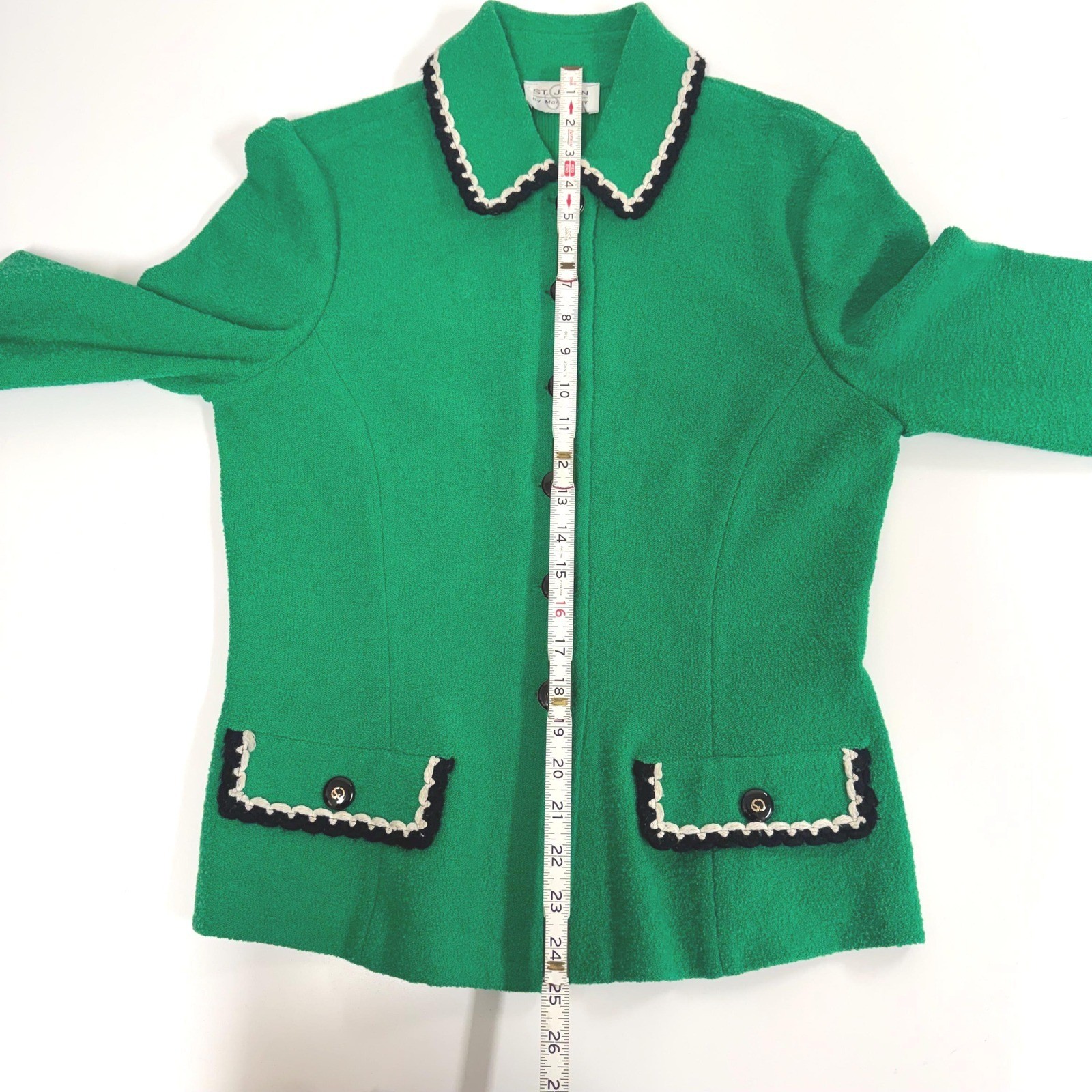 Vintage St John green Santana knit blazer with black and white knit trim