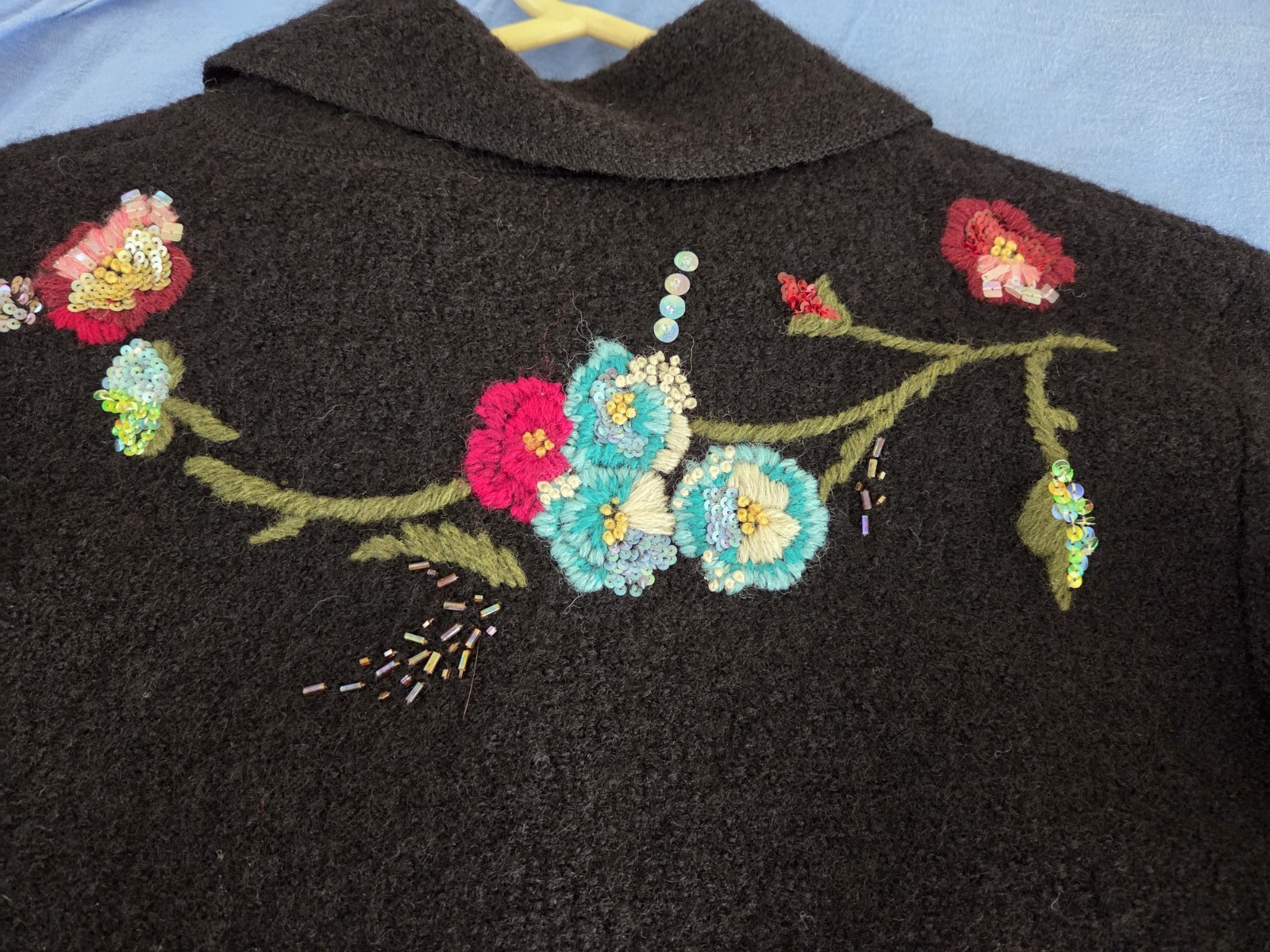 Susan Bristol – Wool Cardigan – Black w/ Embroidered Flowers/beads – Size M