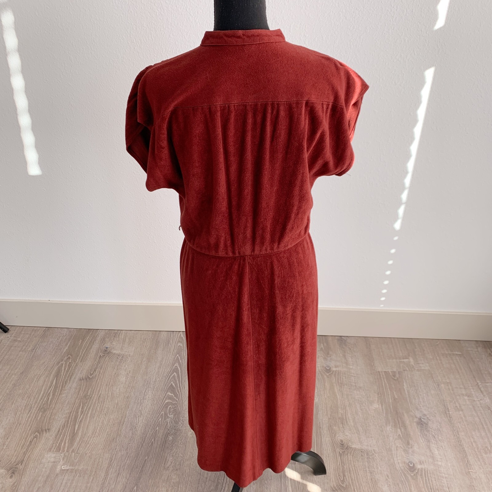 Vintage 70s Rust Velour Cap Sleeve Twee Mandarin Collar Fit Flare Dress 15
