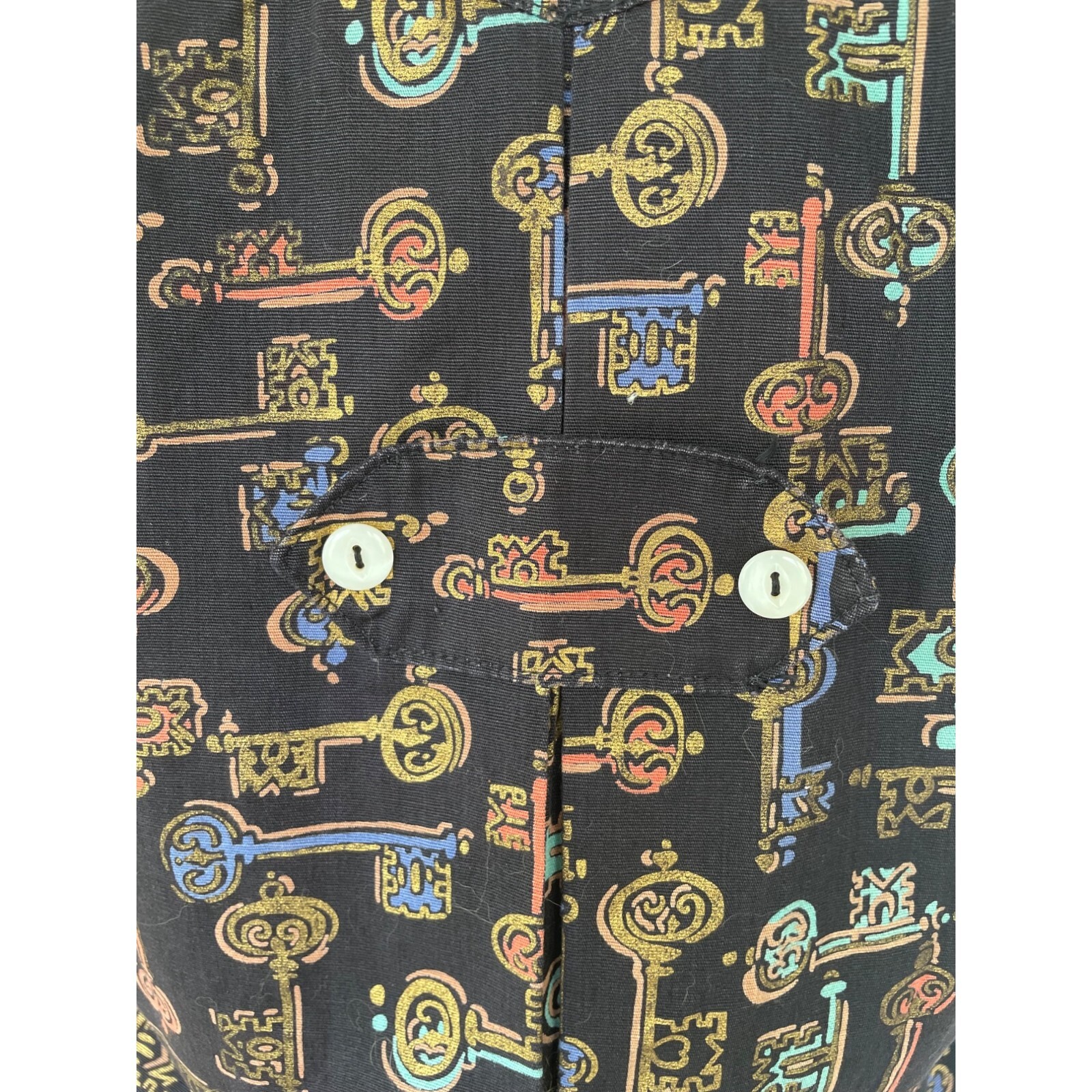 Vintage 1960s Skeleton Key Print Blouse With Puff Sleeves Black Grosgrain Size S