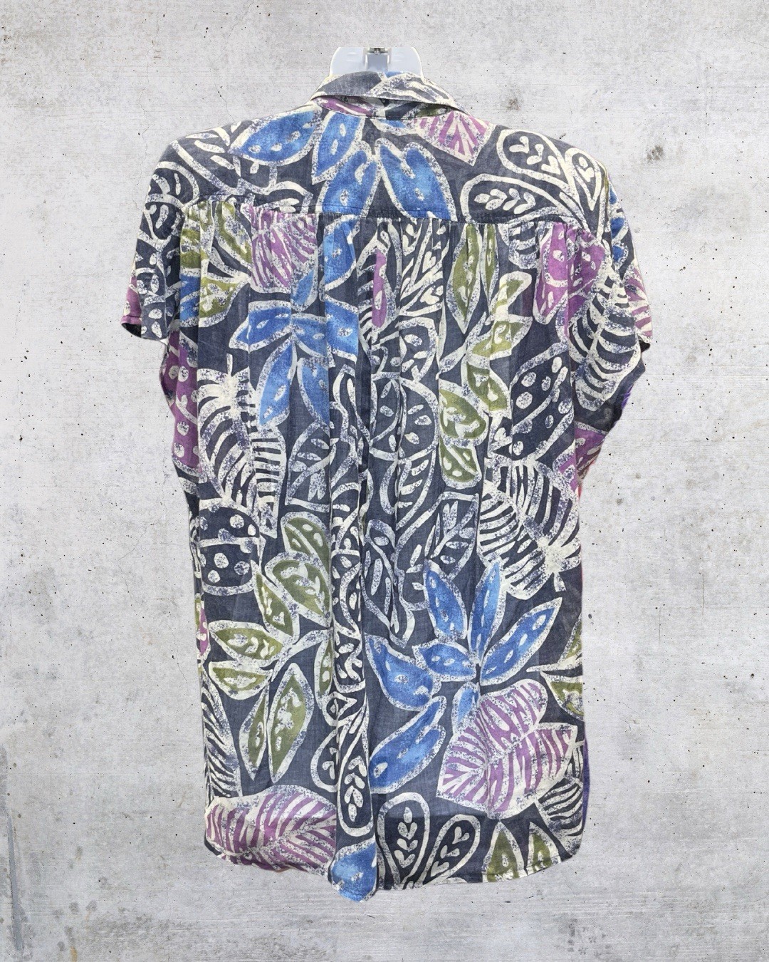 Vintage 90s Abstract Leaf Print Blouse Womens XL Gray Blue Purple Shoulder Pads