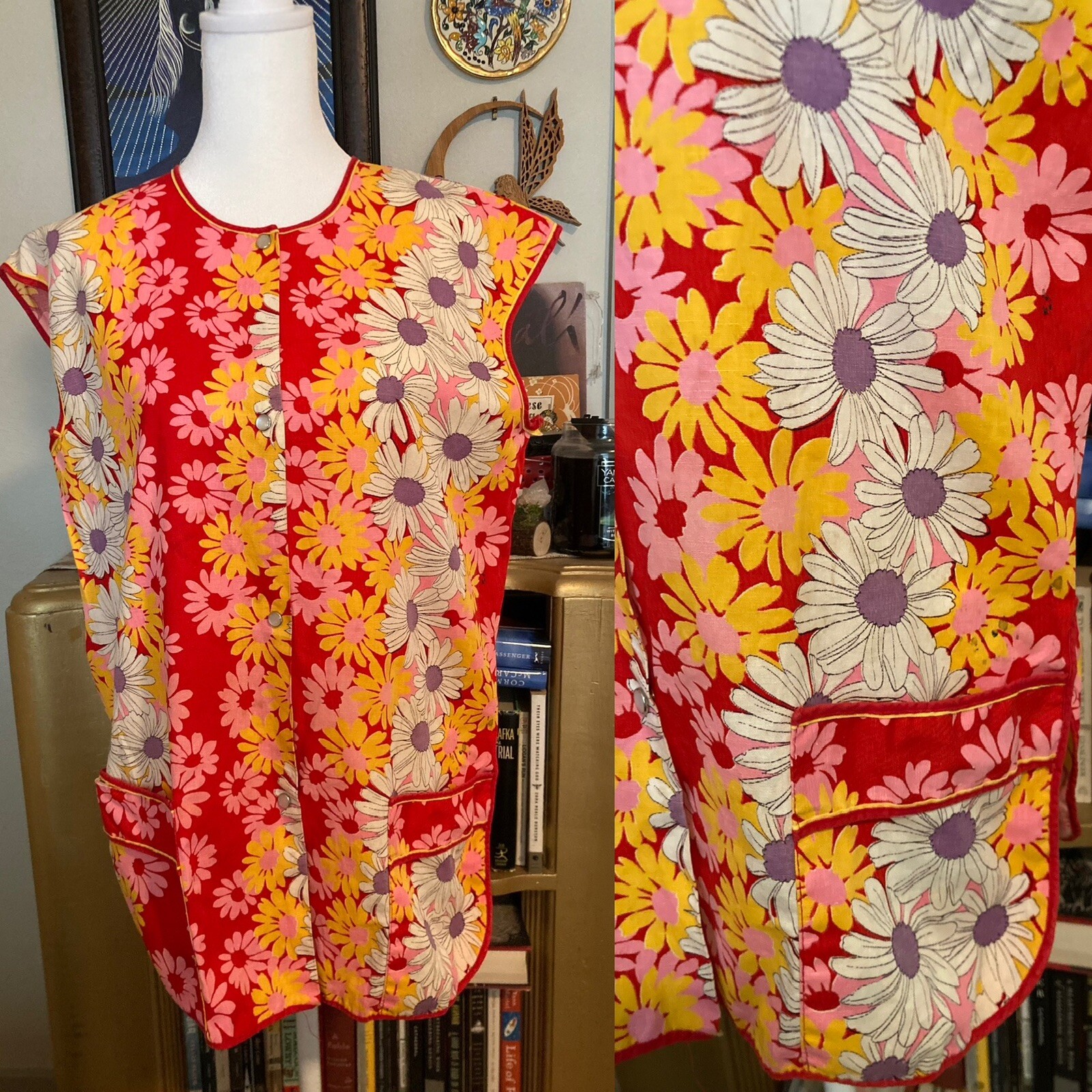 Vintage 1970’s floral multicolor snap button homemade sleeveless Boho apron top