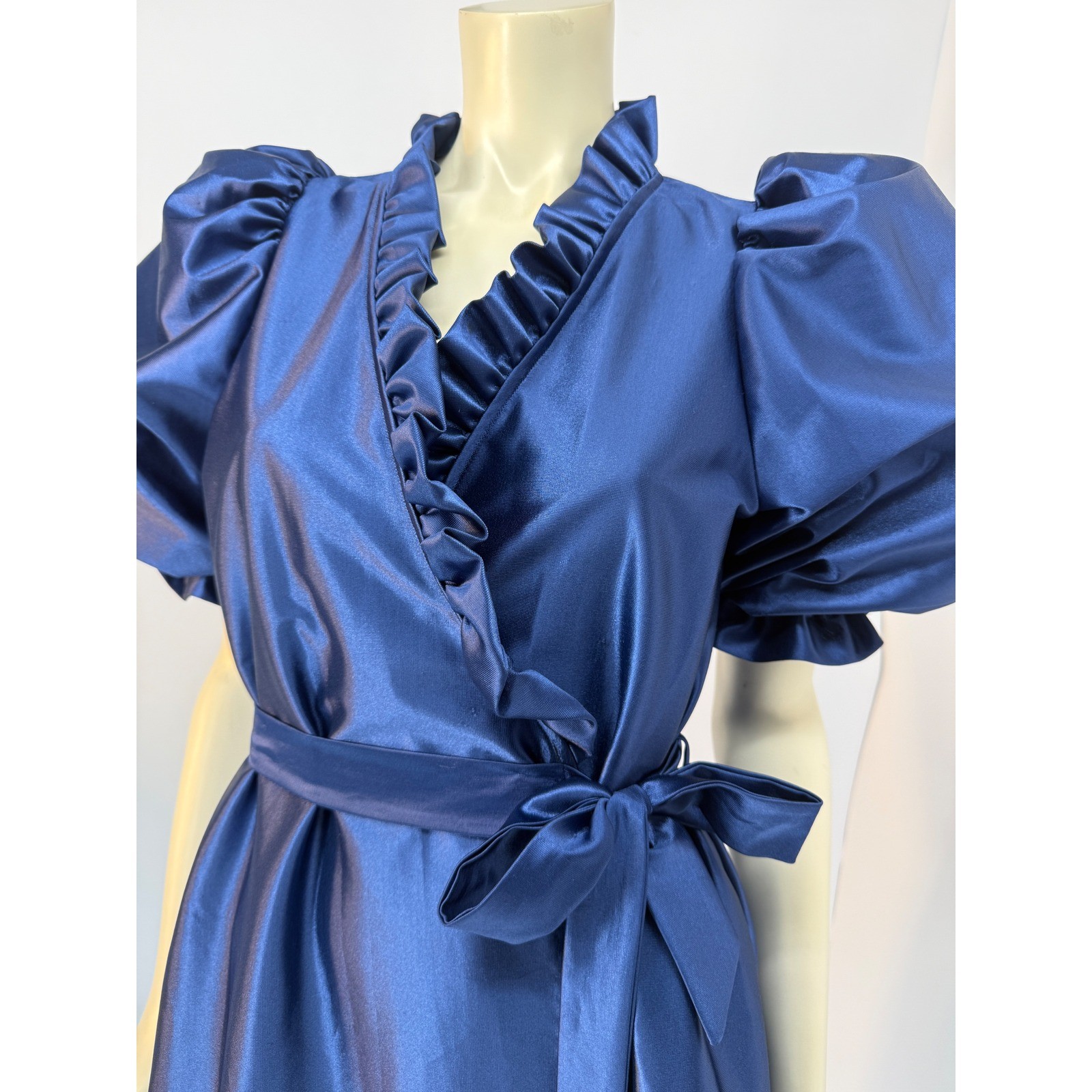 Vintage Puff Sleeve Satin Robe Royal Blue Ruffle Neck Tie Waist Maxi Wrap M/L
