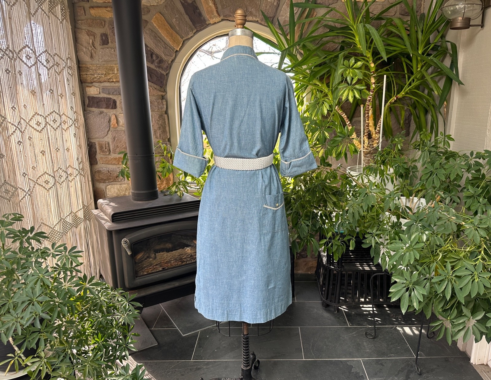 Vintage 1960s Blue Chambray White Lace Trim Shirtdress Langtry Ltd