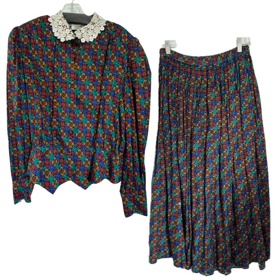 VTG 80s 90s Josephine Top Skirt Matching Floral Set